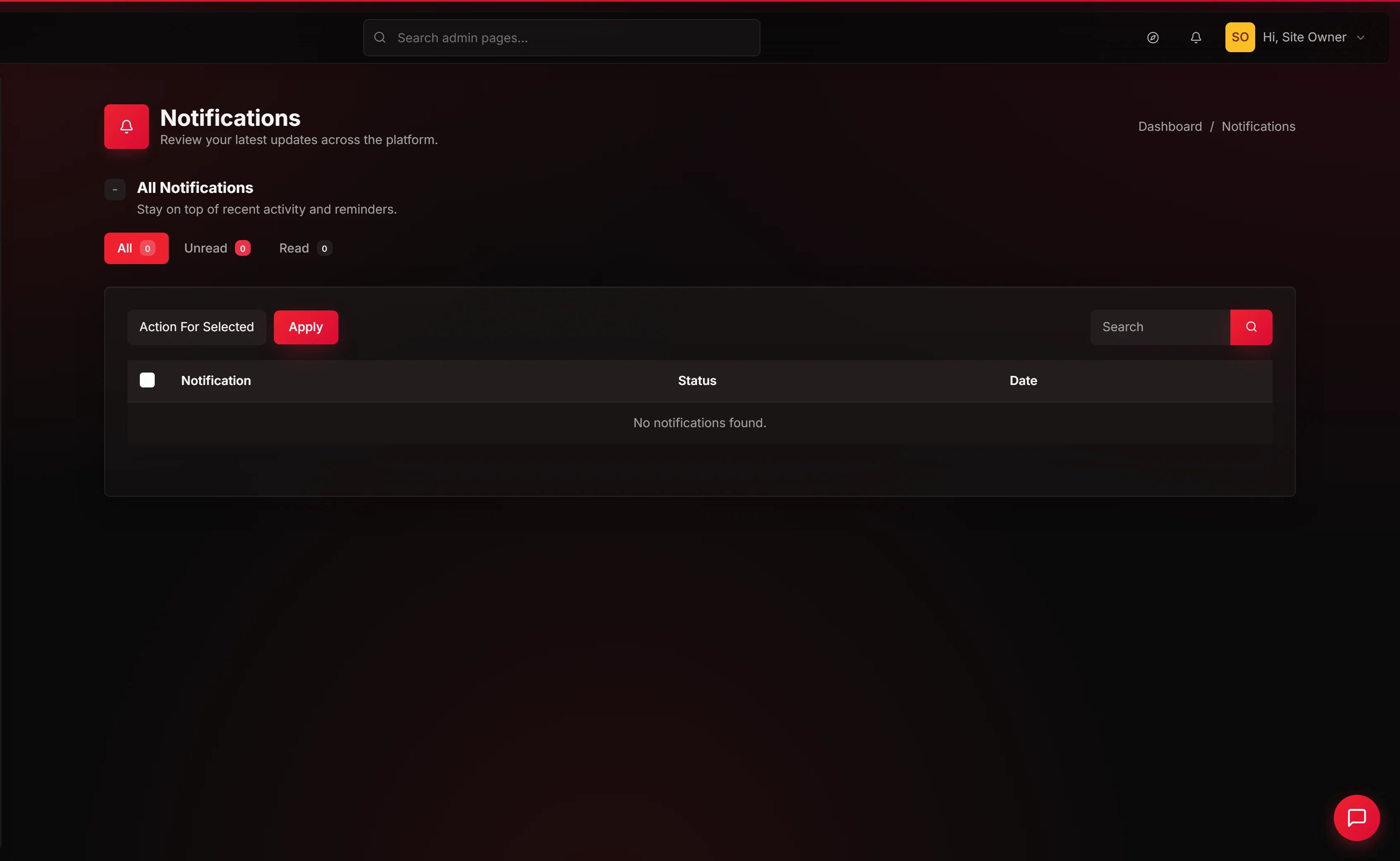 Admin notifications settings in the SGEN admin