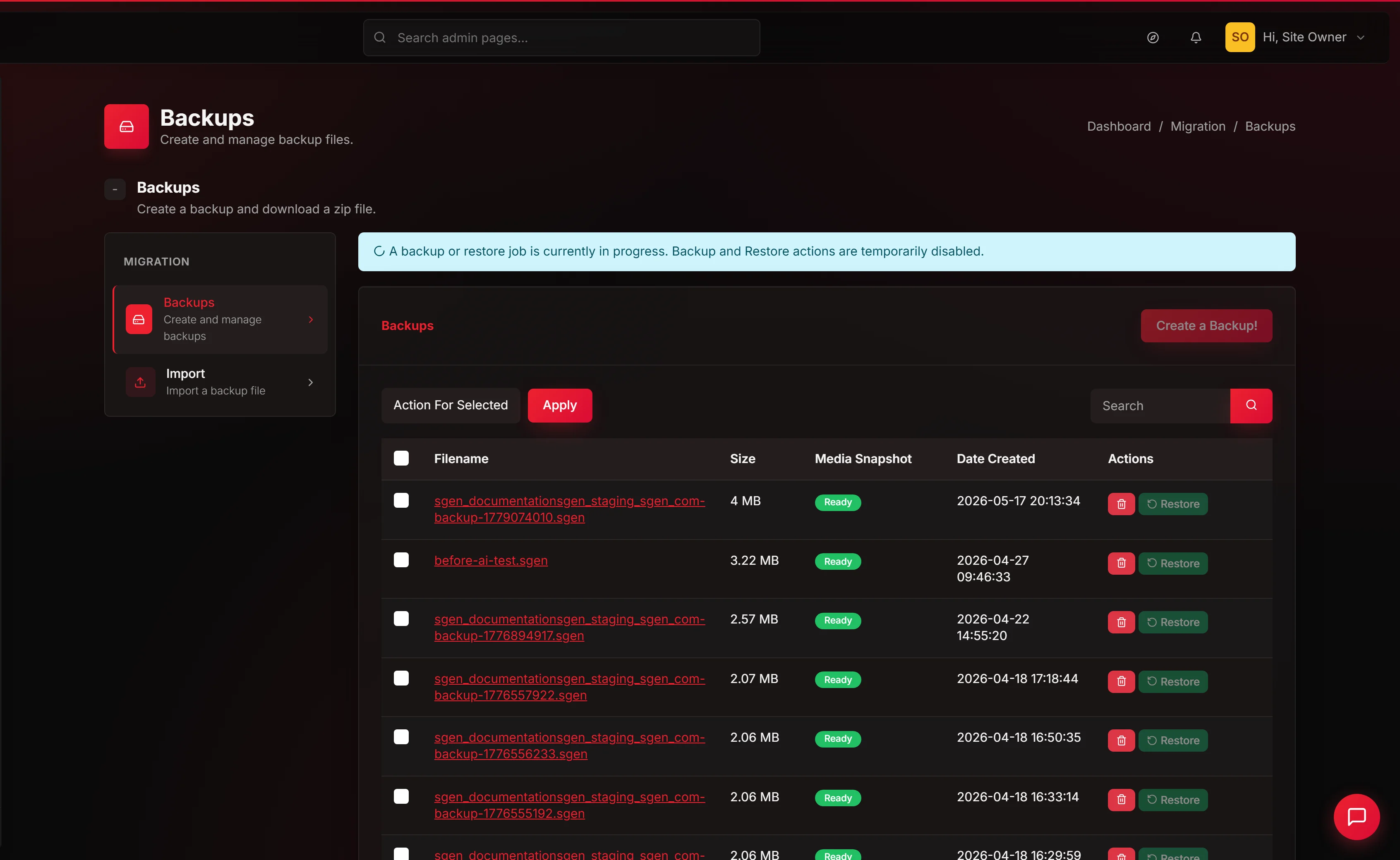 The Backups screen in the SGEN admin
