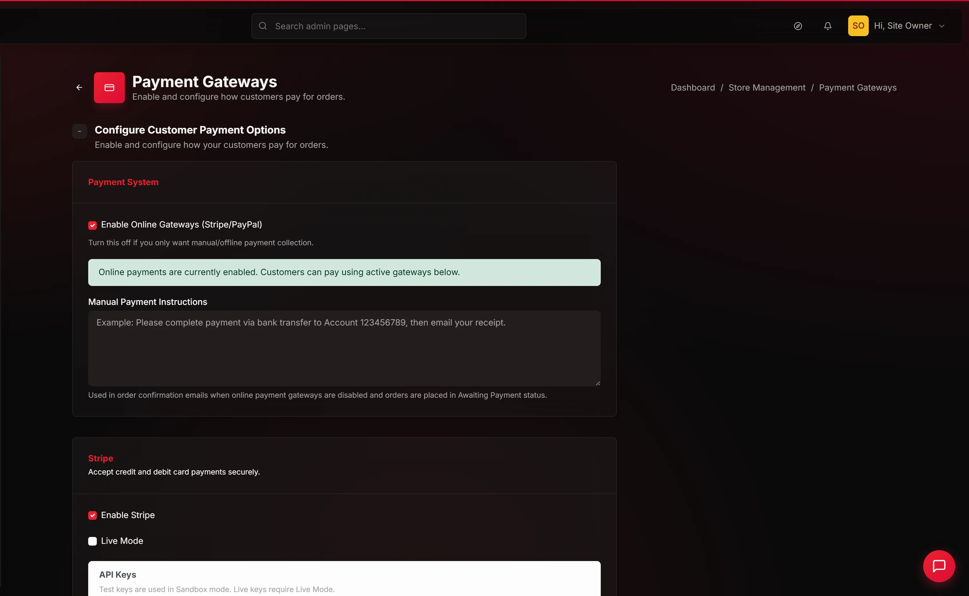 Payment gateways configuration in the SGEN admin