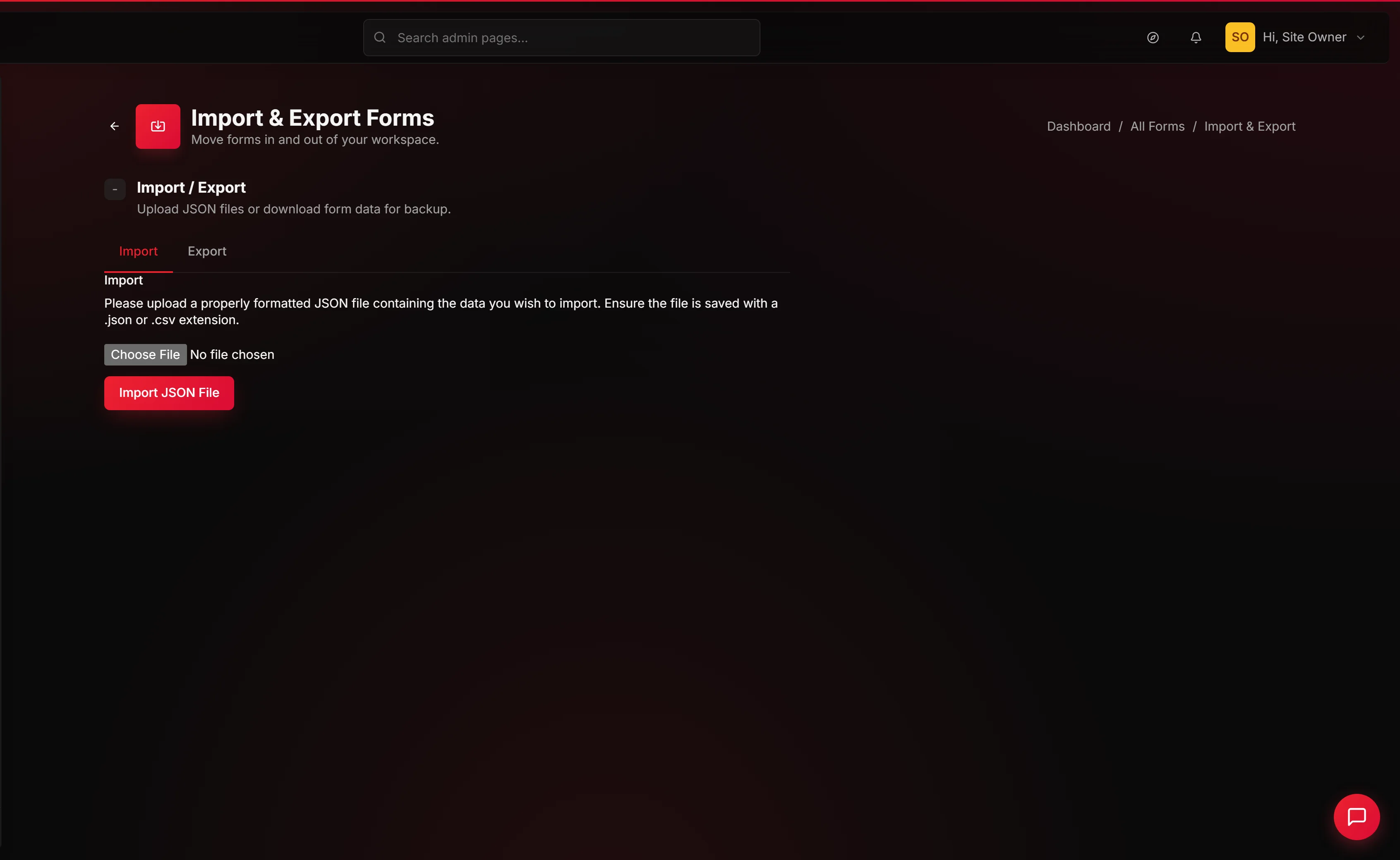 Import and export forms in the SGEN admin
