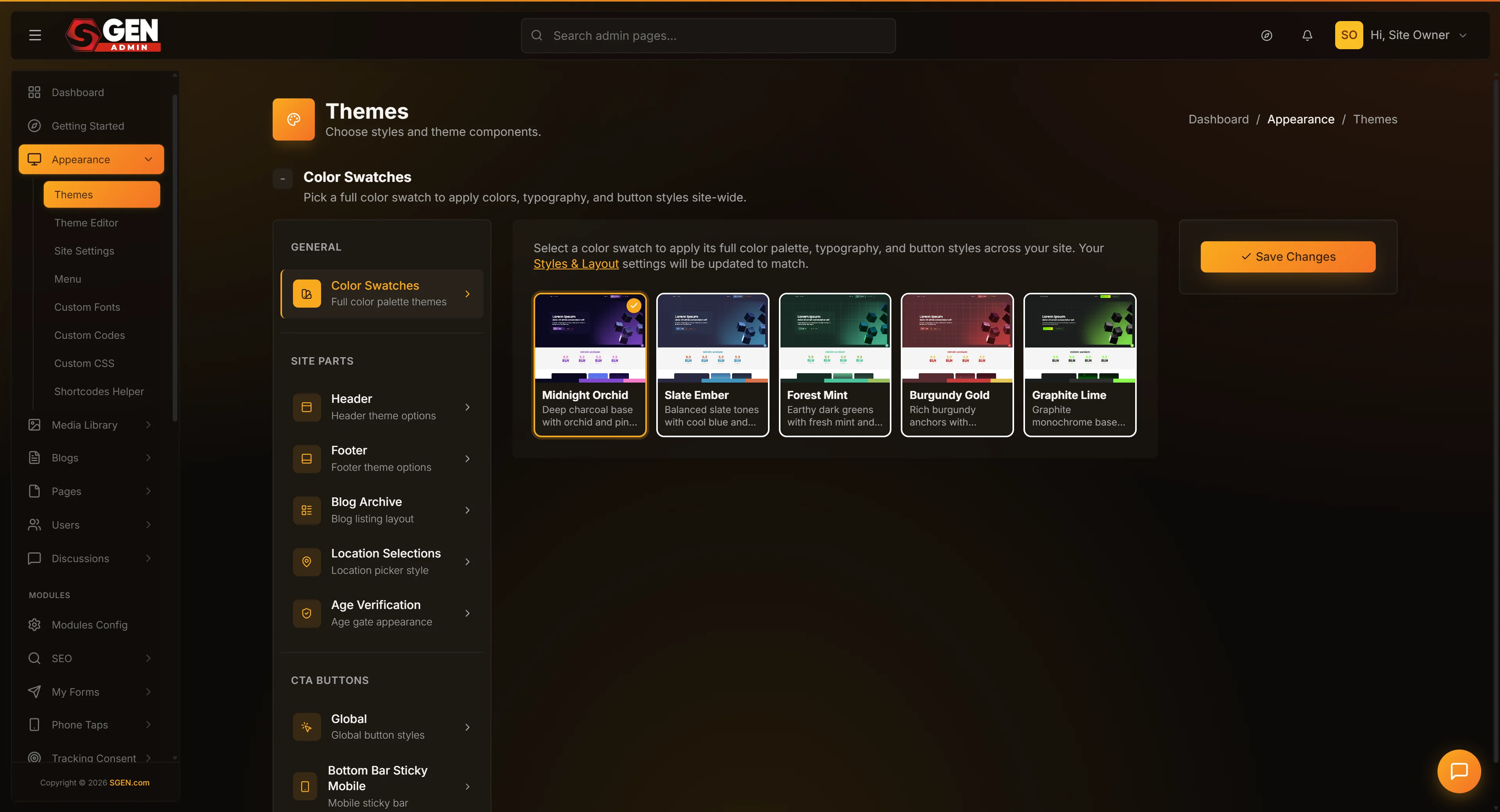 Theme Editor → Themes screen: surface tabs (Header/Footer/etc.) with radio theme cards and the Save button