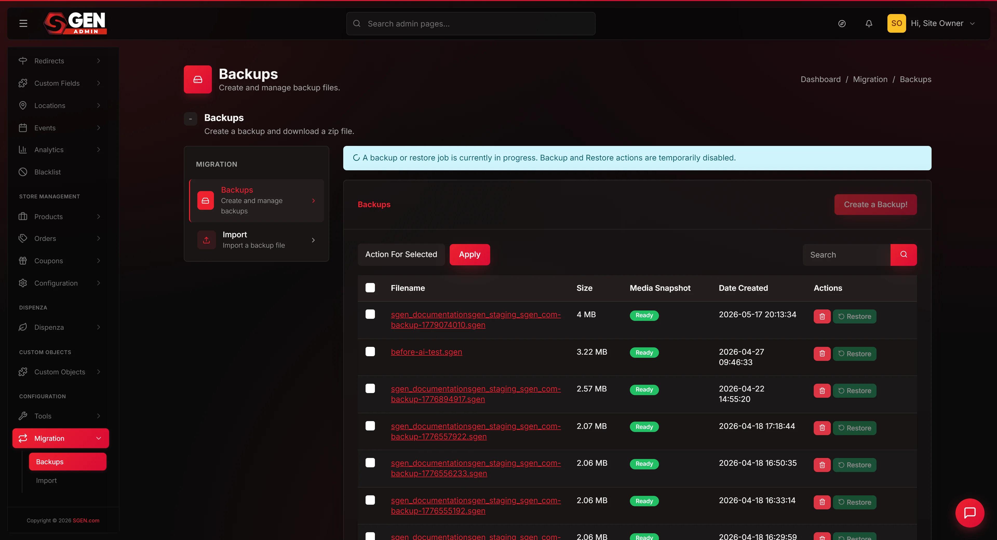 Settings -> Backups panel: Enable scheduled backups toggle, Cadence/Retention fields at top and the backup history list below with a Back up now button.