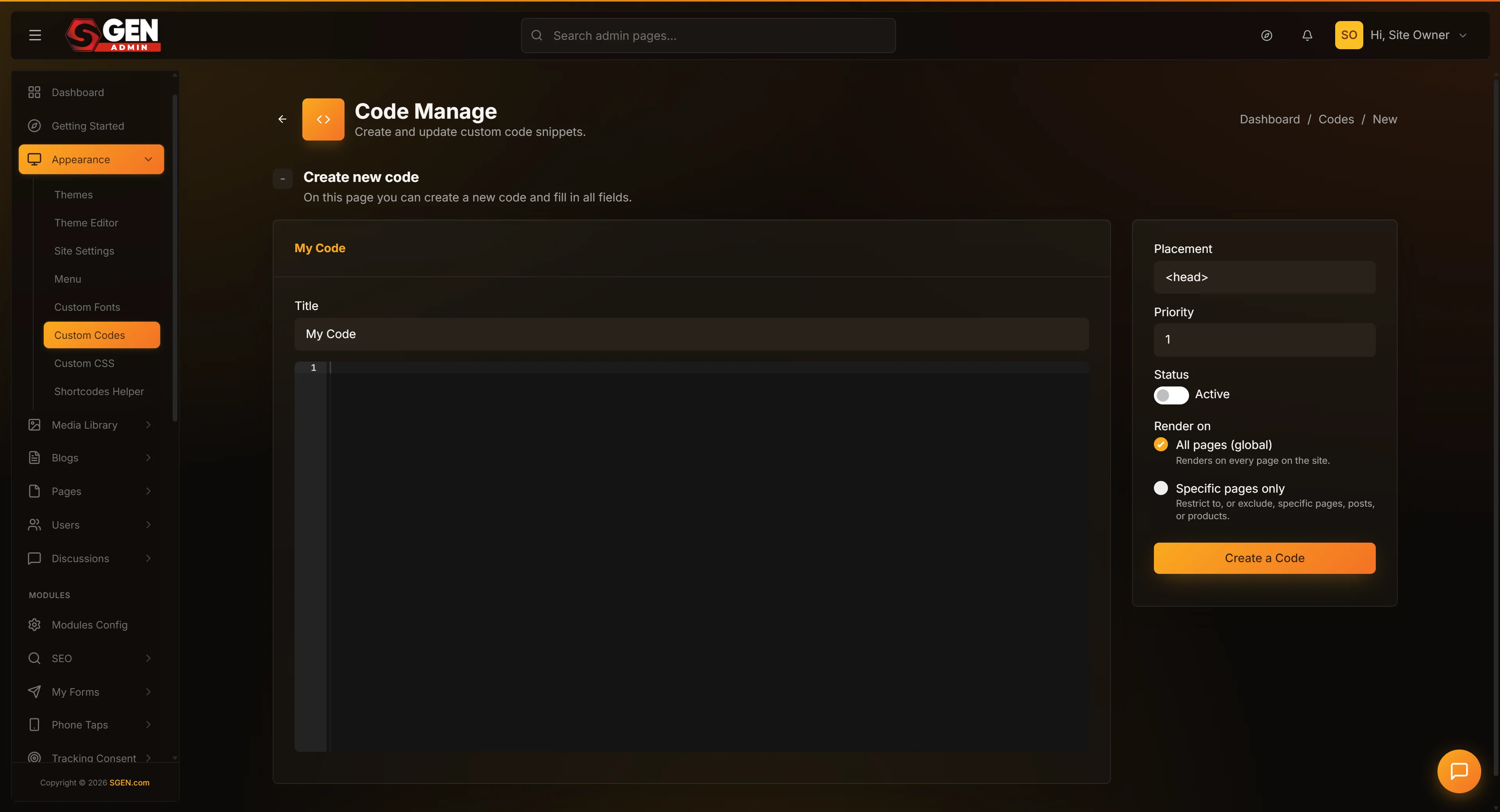 Custom Codes → Add New form: Title, Code editor, Placement dropdown, Priority, Status, Create a Code button