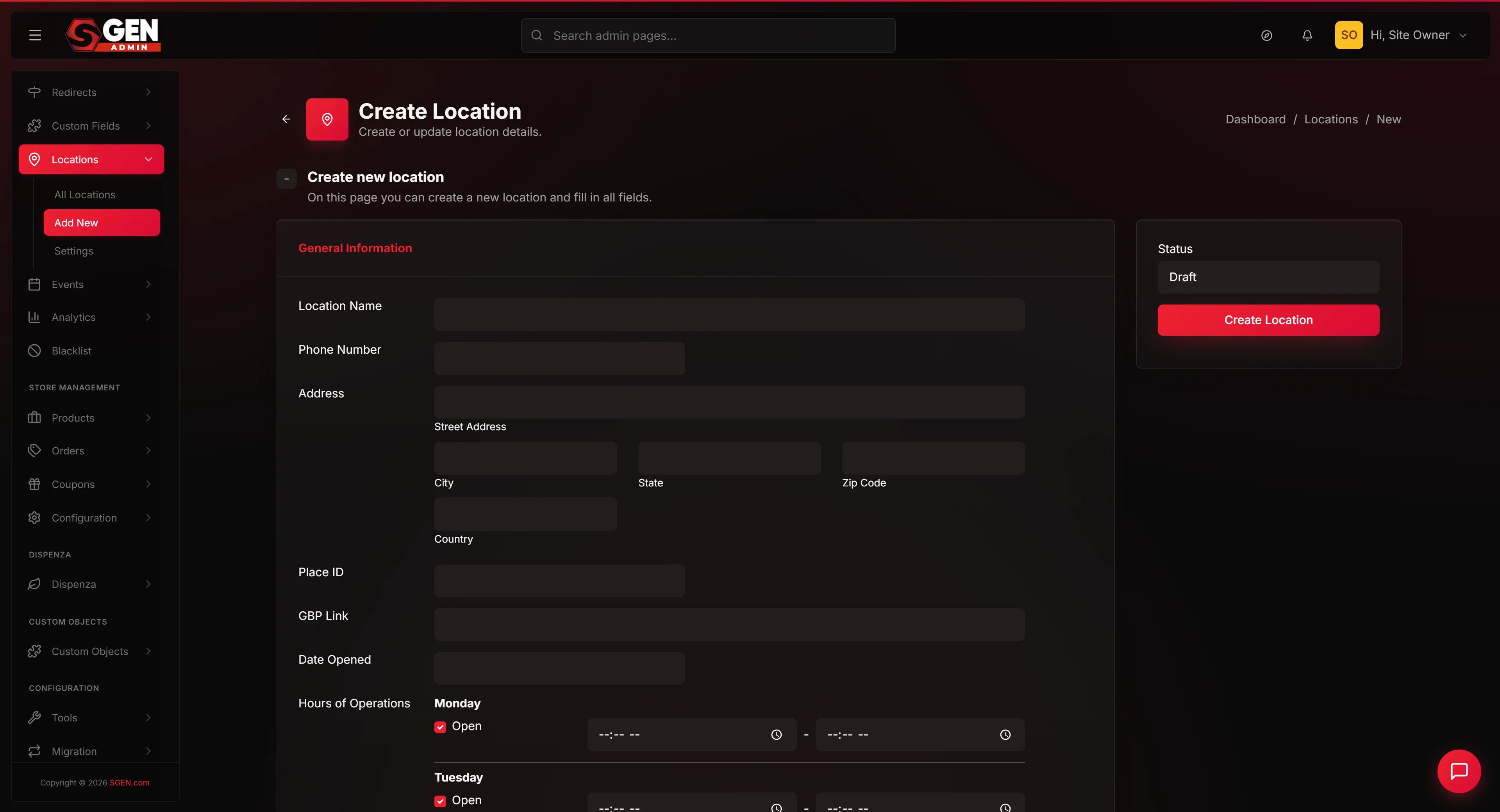SGEN Create Location form (Locations > Add New, /sg-admin/locations/create): the three cards - General Information (name/address/hours), Additional Details (email/photos/links), an