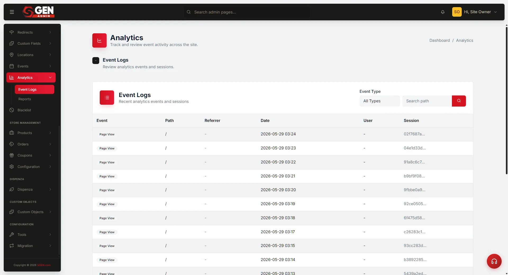 SGEN Analytics Event Logs filtered to form_submit events showing timestamps, page paths, and session identifiers