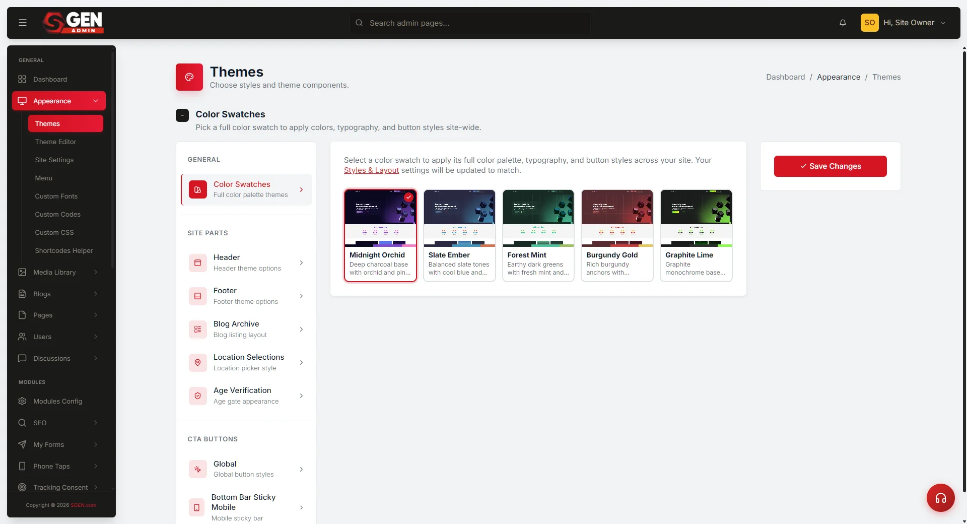 SGEN Theme Editor open showing typography, color palette, and button style controls
