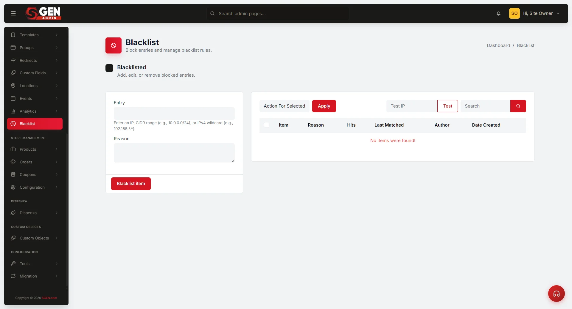 SG-Admin Blacklist module — Active rules list with Type (IP/Email/Content), Pattern, Hits, and Last block columns