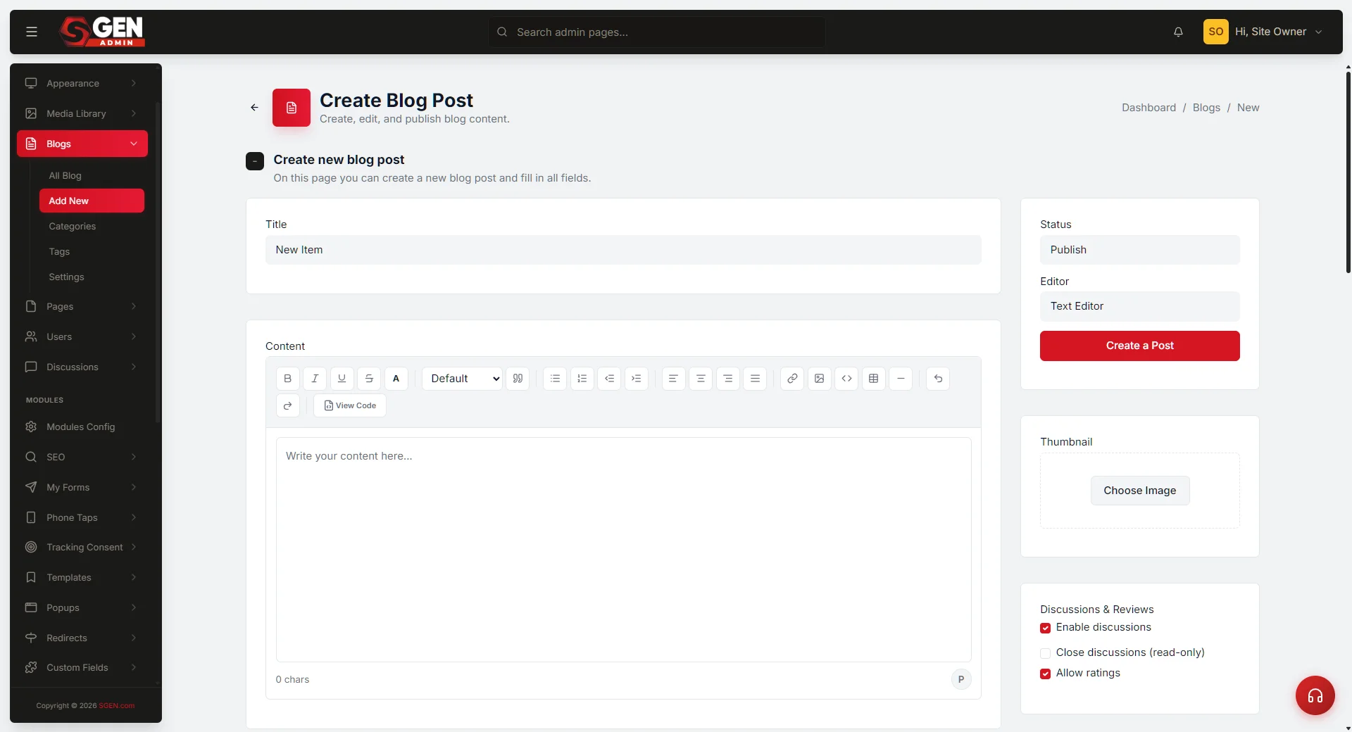 SGEN Blog post editor showing the URL Slug field auto-populated from the post title, with an edited clean slug visible