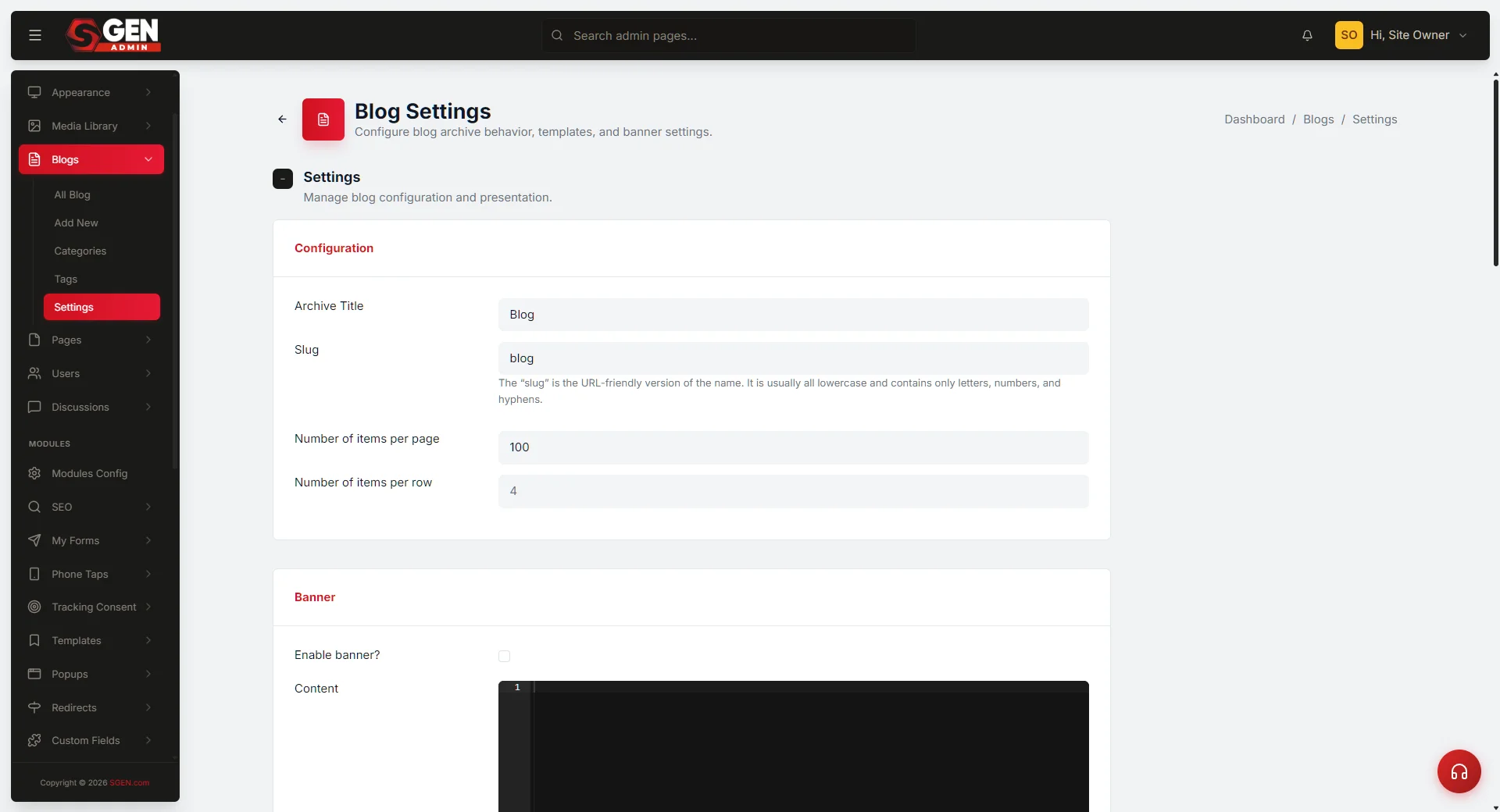 SGEN Blog Settings panel with six Social Share fields visible: Enabled toggle on, Twitter, Facebook, LinkedIn, Copy Link toggles, and Label field set to Share