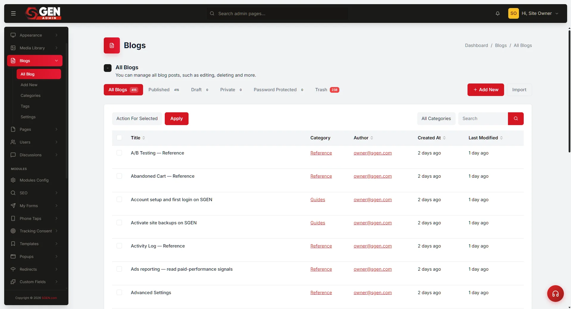 SGEN admin Blog post edit screen showing the Publish button in the record toolbar