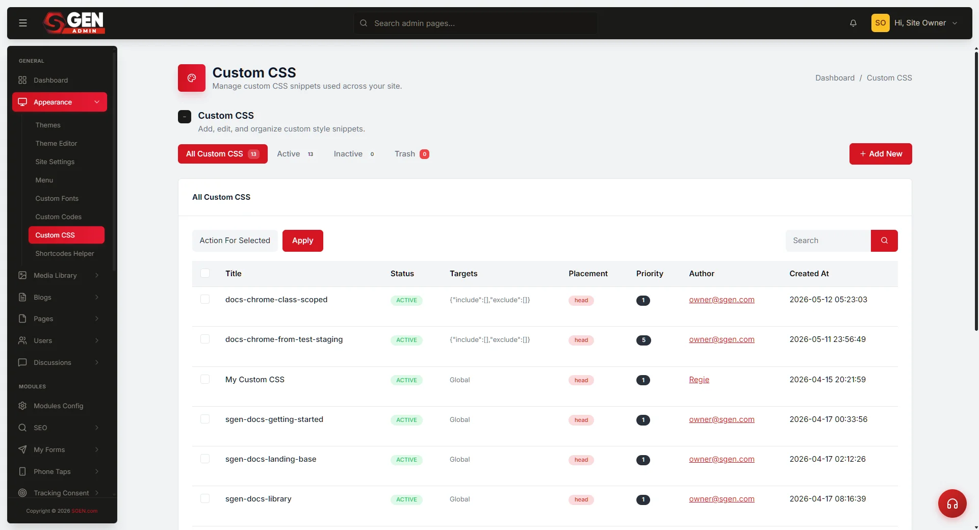Custom CSS editor surface (Dashboard > Custom CSS) — the code editor area and Save button where site-wide/page overrides are written