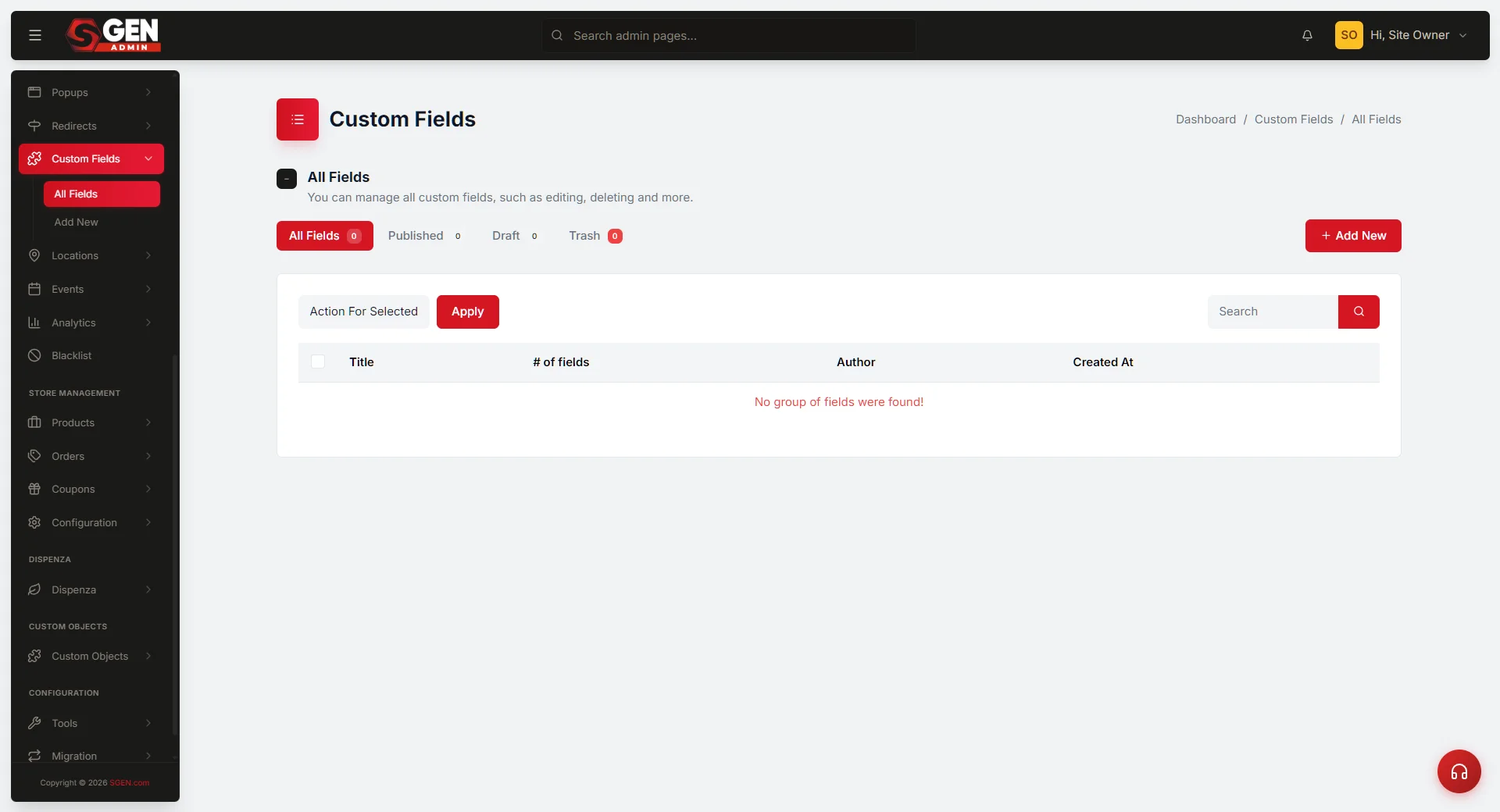 Custom Fields builder form: Title field + field repeater rows (Field type dropdown, Label, Field name) + Locations and Settings panels