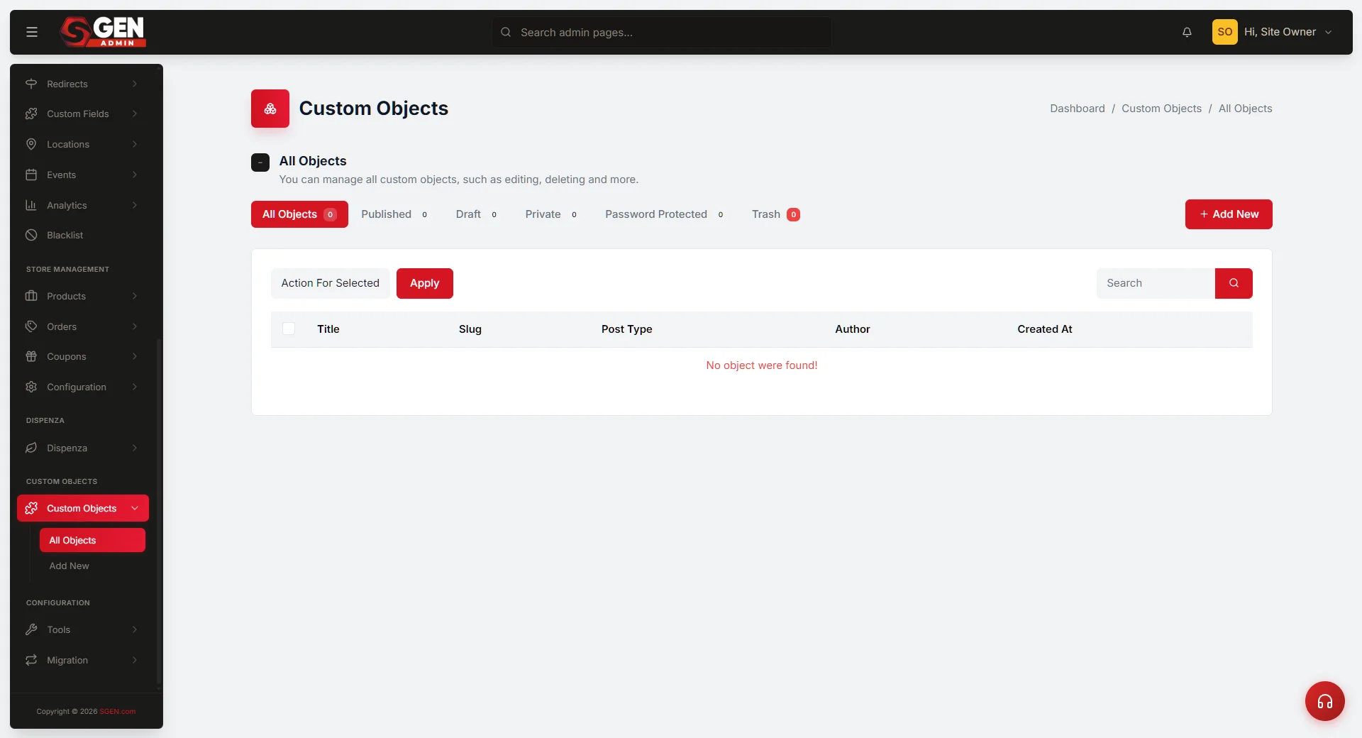 SGEN Custom Fields editor showing field types available when creating a new field on a custom object