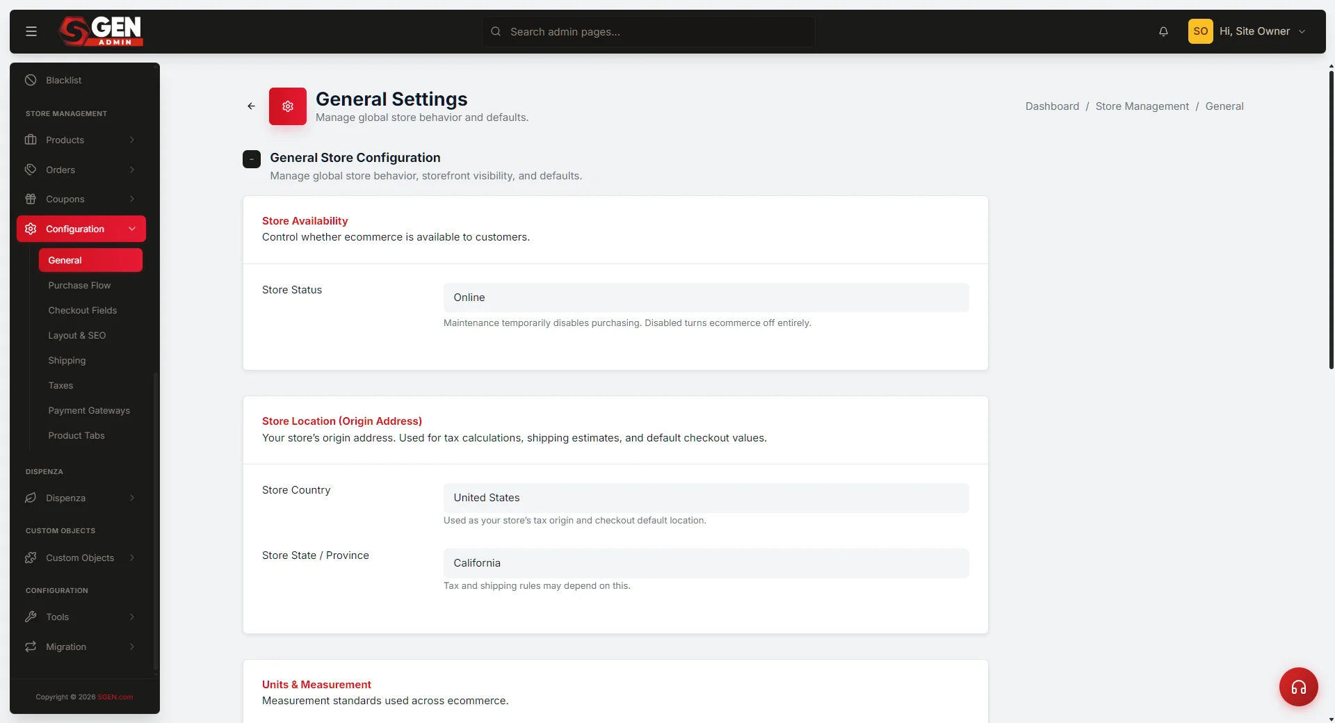 Ecommerce → Configuration screen (General / Purchase Flow / Checkout Fields / Shipping / Taxes / Payment Gateways) that must be set before importing products.