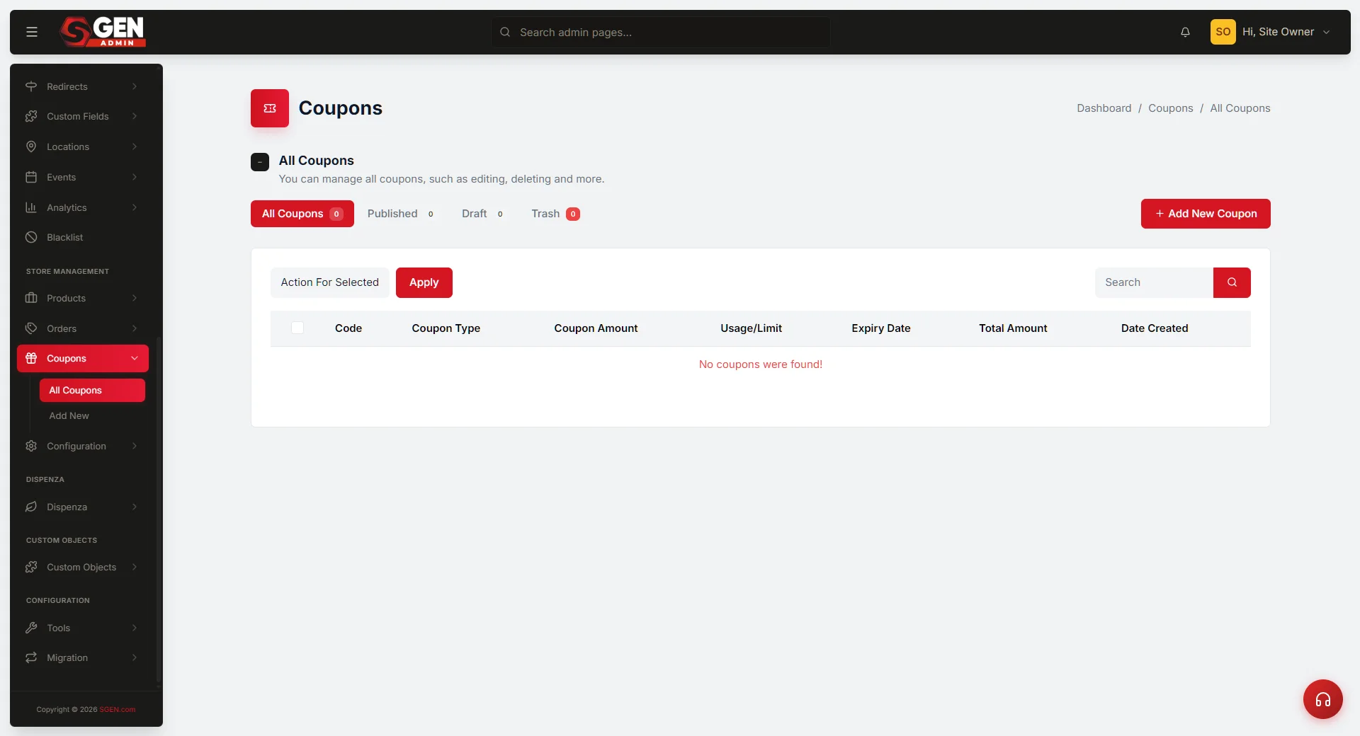 Coupons admin — the Add New Coupon form (Store Management > Coupons): Coupon Code, Discount Type, Coupon Amount, usage limits, Allowed user, Status, Create a Coupon button.