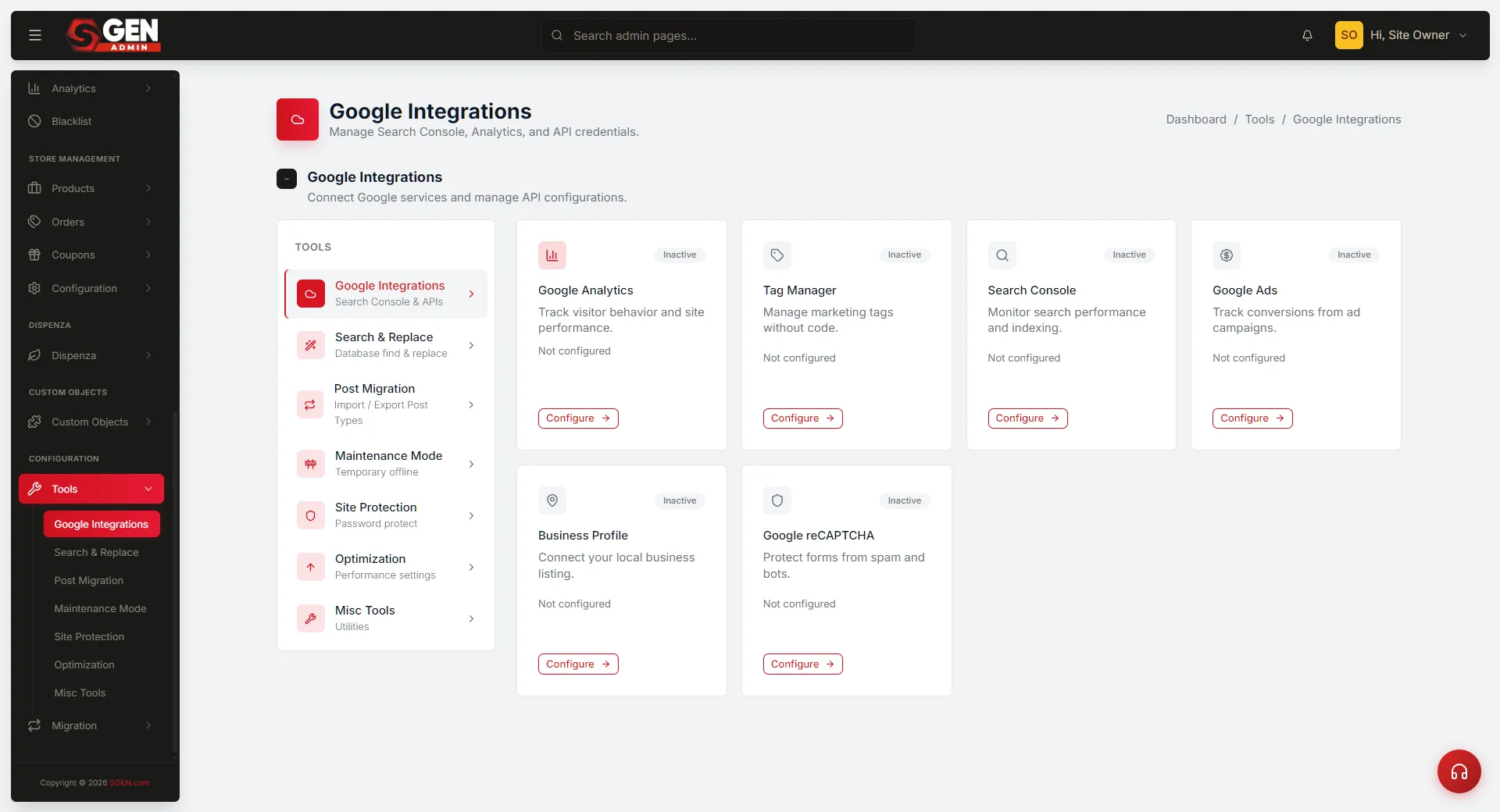 Tools -> Google Integrations panel with the Google reCAPTCHA card showing the Site Key and Secret Key fields and Save Integration button