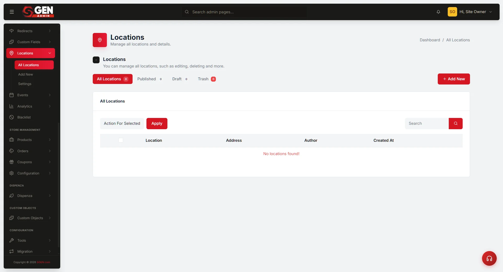 Dashboard -> Locations All Locations table filtered to Published rows (admin-side prerequisite: confirm each Published location is fully populated before enabling the selector)