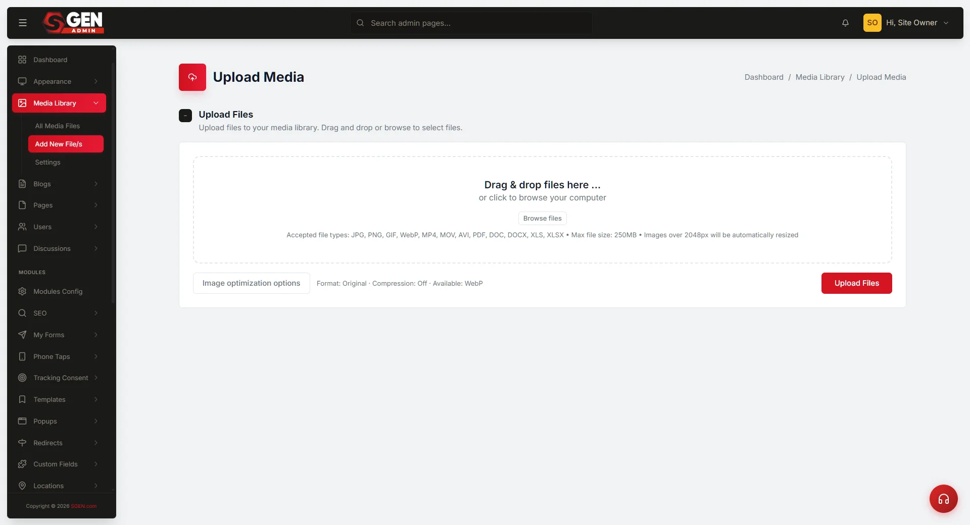 SG-Core Media library — Upload Files modal with WebP/Compression toggles, then the populated thumbnail grid