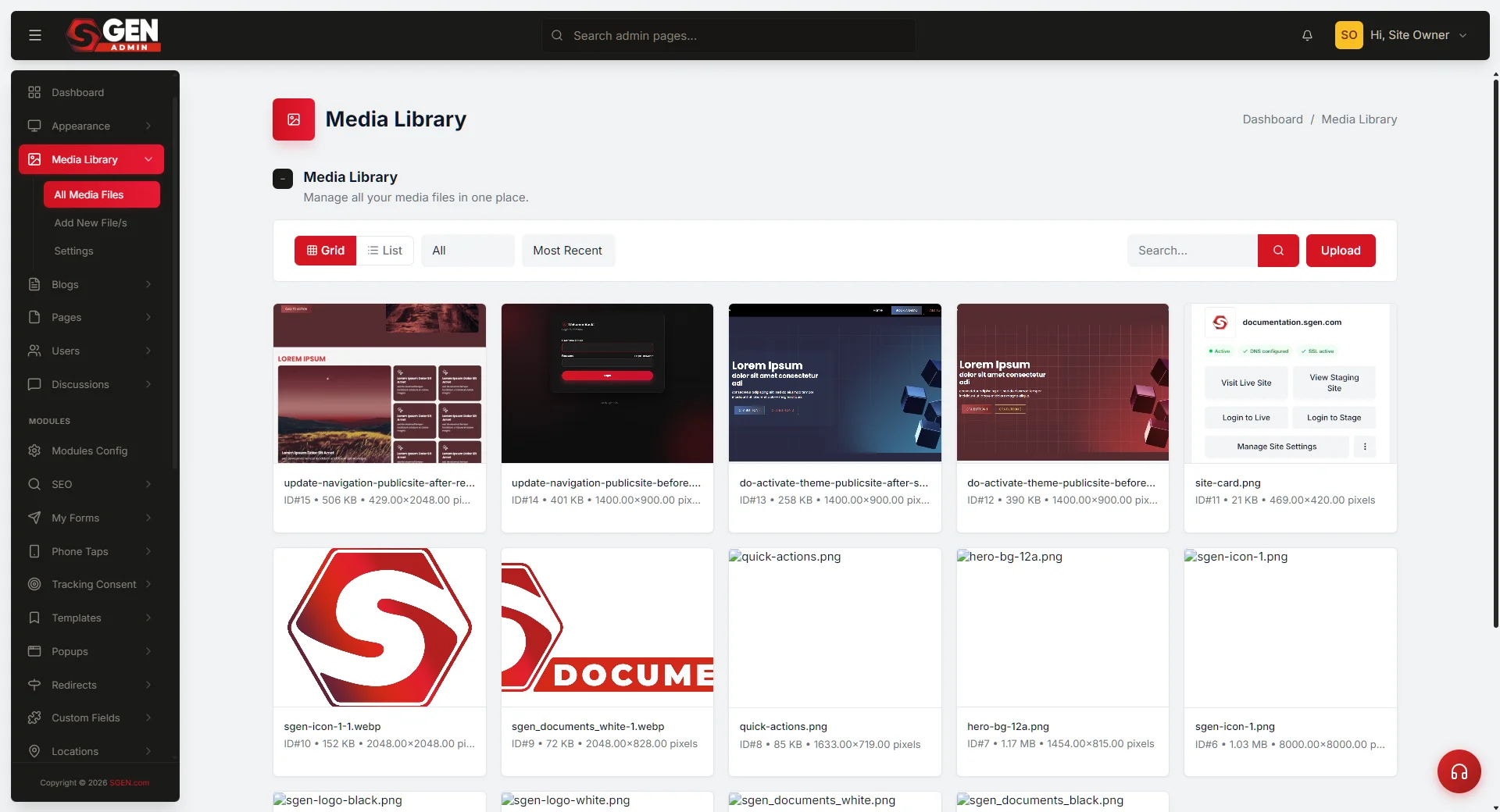 SGEN Media Library upload interface with WebP conversion and compression toggles enabled