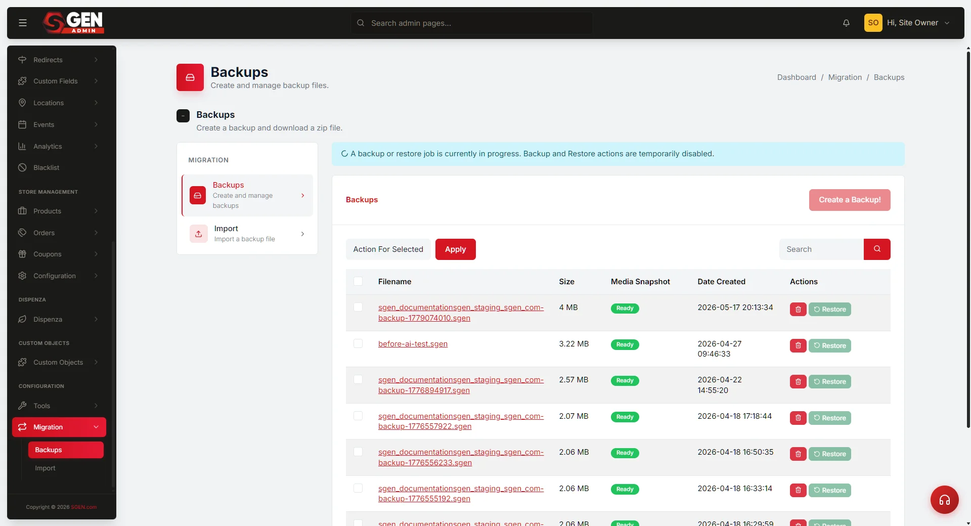 SGEN Stage & Live Backups panel showing a restore point entry with timestamp, label, and Restore action