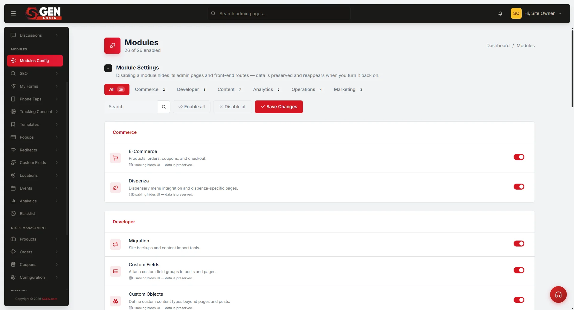 SGEN admin module list showing Pages, Blog, and Products as entry points for content updates