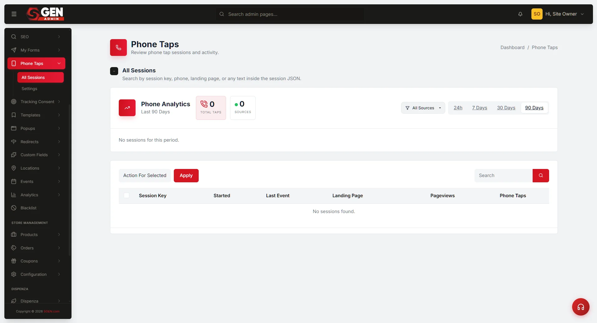 Phone Taps attribution detail view in SG-Admin showing session-aware source tracking for phone click events