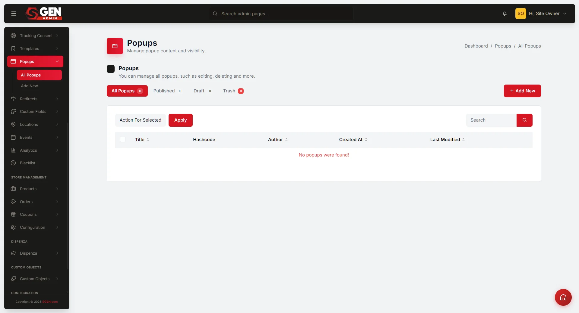 SG-Builder Popups panel showing a popup open in the visual editor with the same component toolbar as a standard page