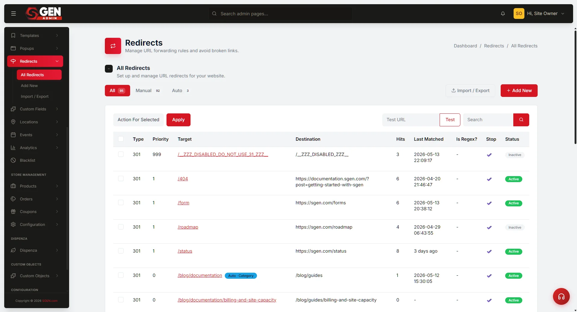 SGEN 404 monitoring log showing path, hit count, referrer, and last-seen date for broken URLs on a Your Store coffee brand site