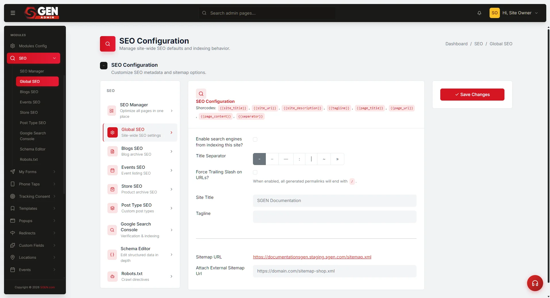 Site-level SEO defaults form (Dashboard / Settings / SEO) — Default SEO Title, Meta Description, Favicon, Social preview fields; the one concrete screen this orientation page depic