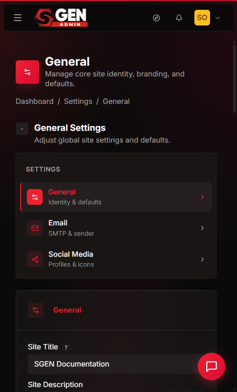SGEN admin settings panel showing module configuration and troubleshooting options