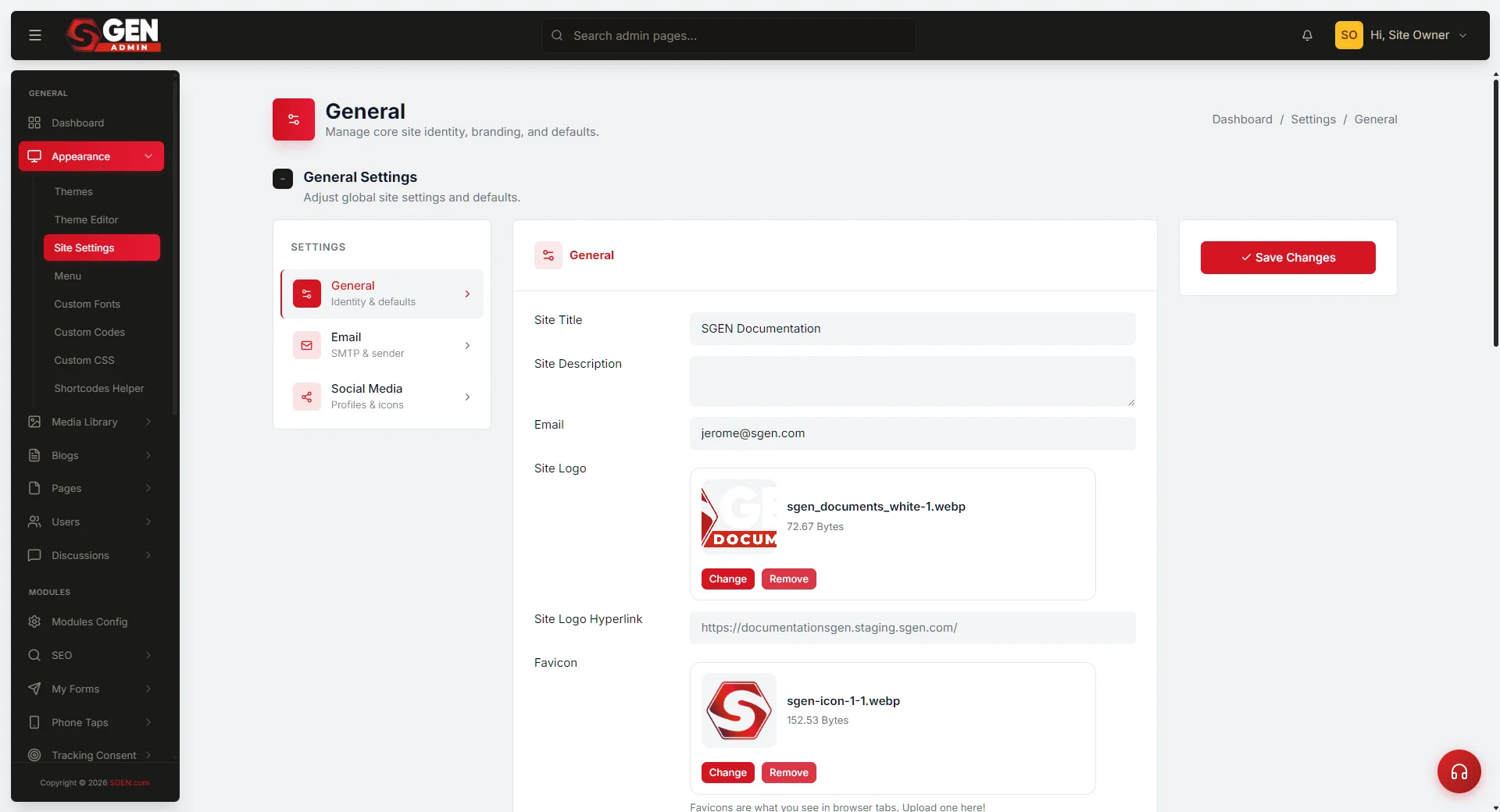 SG-Admin Settings -> Globals design-system screen — the six brand-asset categories (Color, Typography, Logo, Favicon, Button defaults, Spacing)