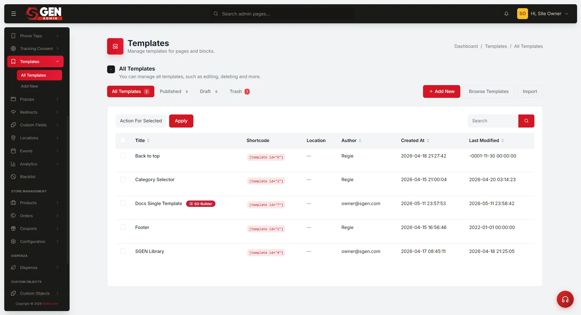 SG-Admin Templates master list showing the All/Published/Draft/Trash tabs, Title/Shortcode/per-row-action columns and usage counts
