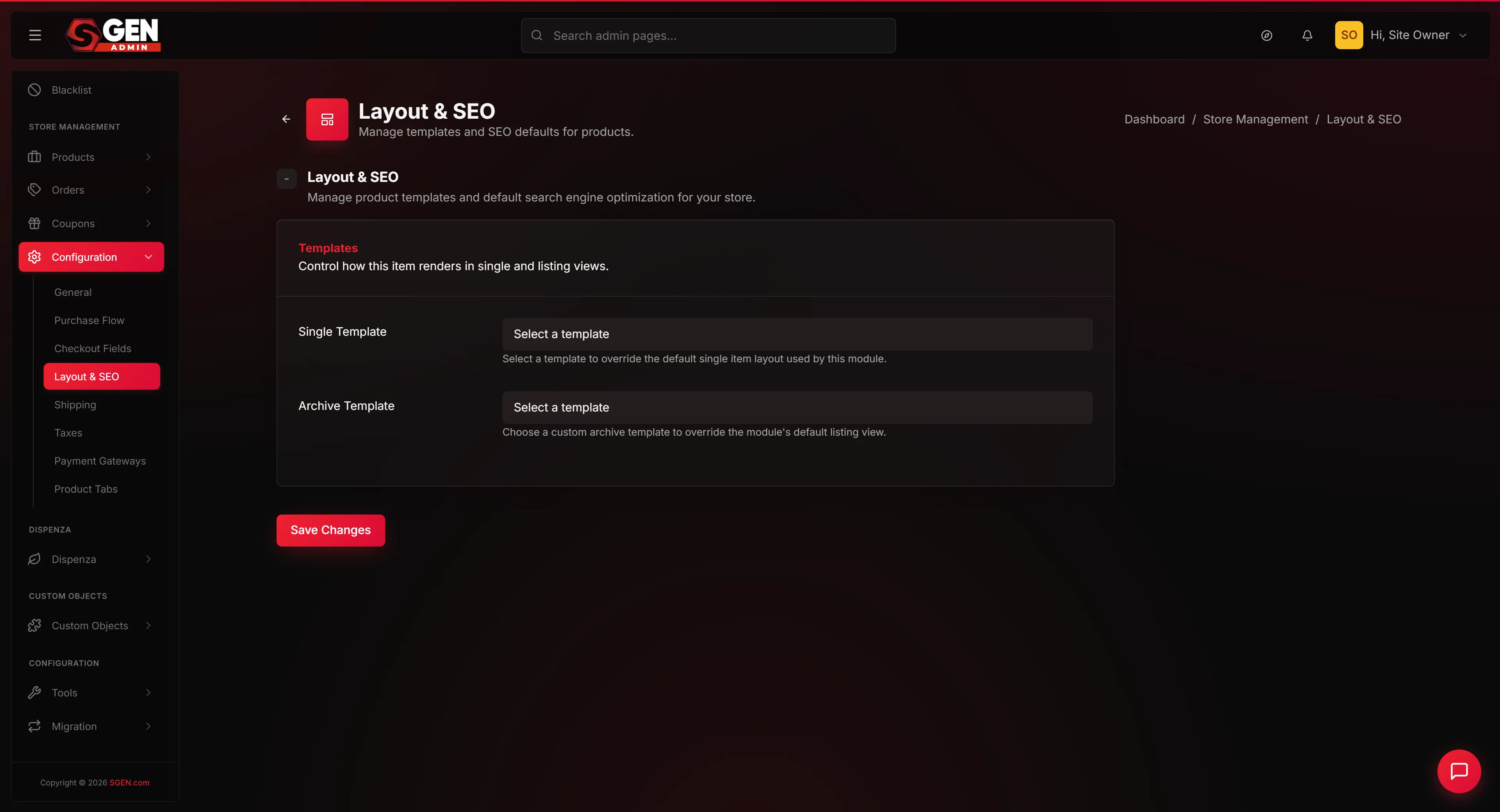 Store Configuration > Layout & SEO tab — Single Template and Archive Template dropdowns with 'Use default layout' option and Save Changes button.