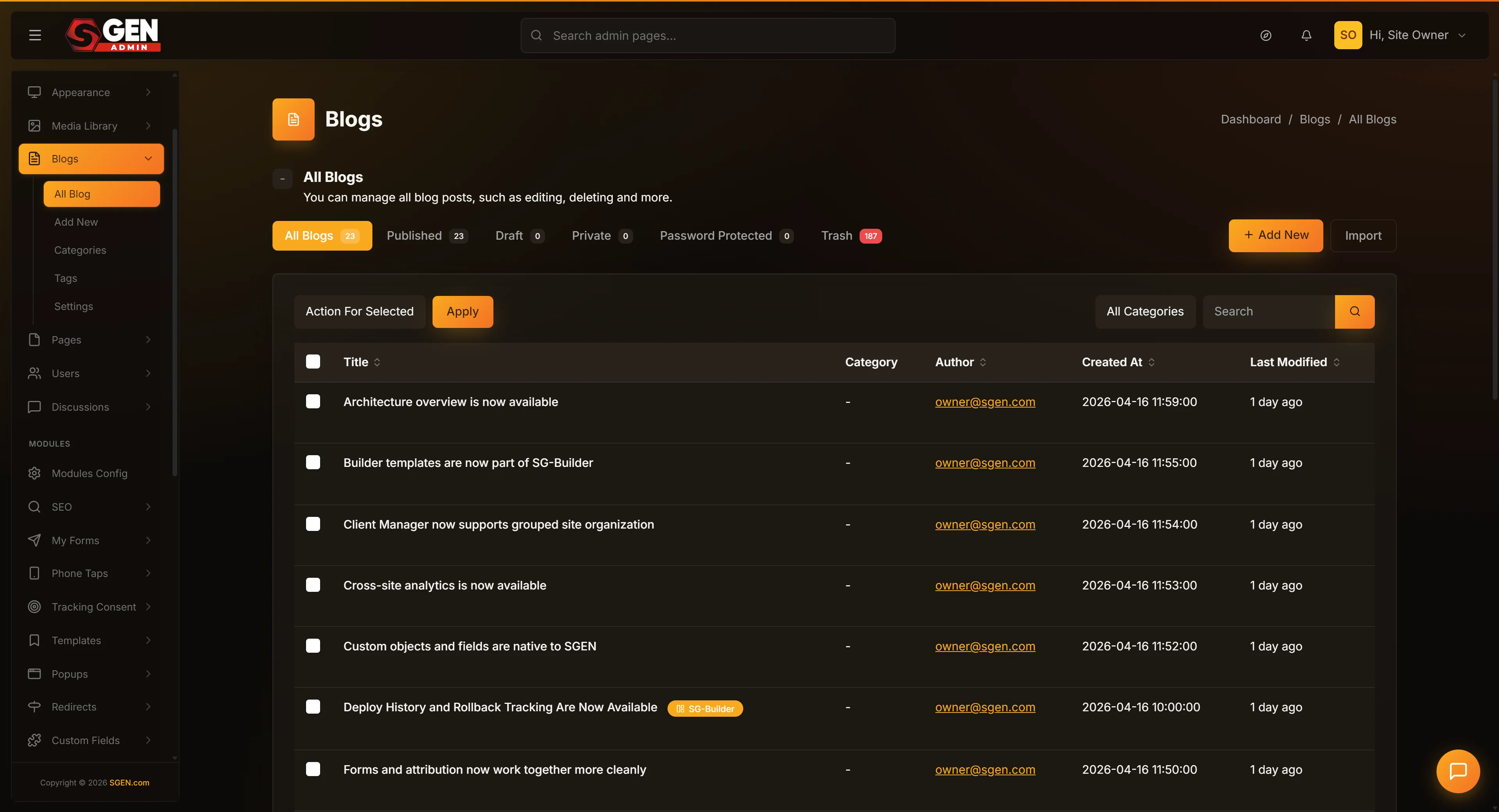 Blog list with row actions (View/Edit/Duplicate/Trash/Export) and the filter pills — the entry point to the Update Blog Post form