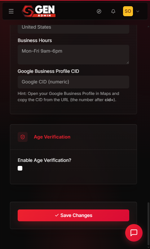 Age Verification settings panel in SGEN admin with Enable age verification checkbox ticked and cookie duration set to 30 days