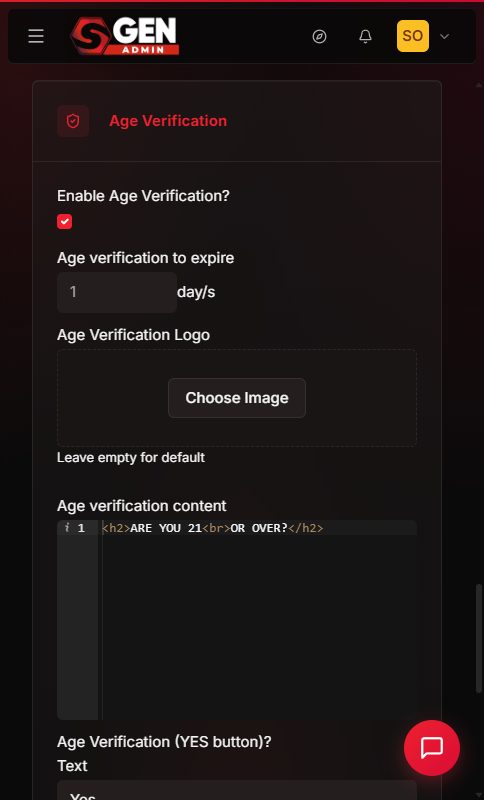Home Actions Age Verification panel in SGEN admin showing minimum age, heading, body text, and storage duration fields