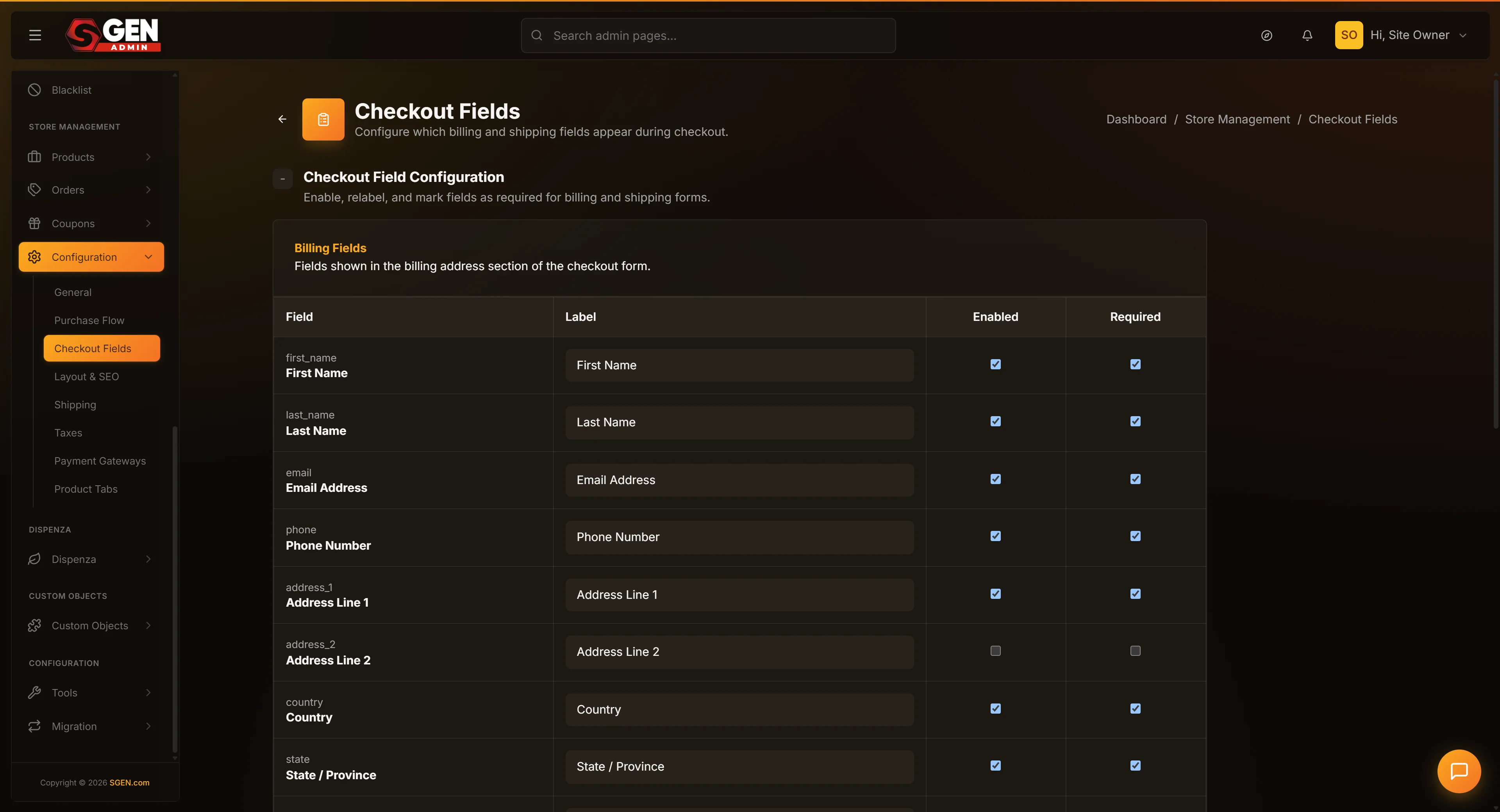 Store Configuration page, Checkout tab — the list of nine billing-field rows, each with a Show toggle, Required toggle, and Custom Label input, plus the Save Changes button.