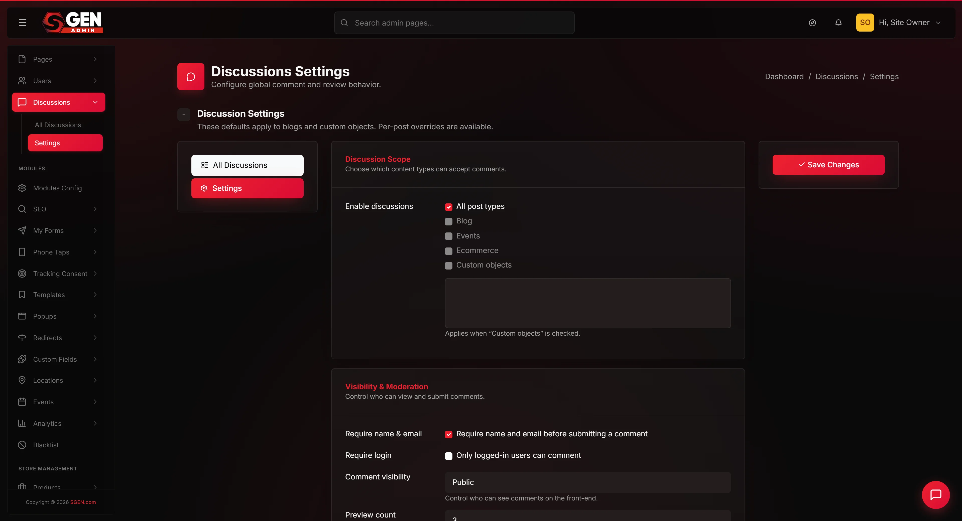 Dashboard -> Discussions -> Settings page — the six stacked configuration cards (Discussion Scope, Visibility & Moderation, Replies & Avatars, Reviews & Ratings, Spam Protection) w