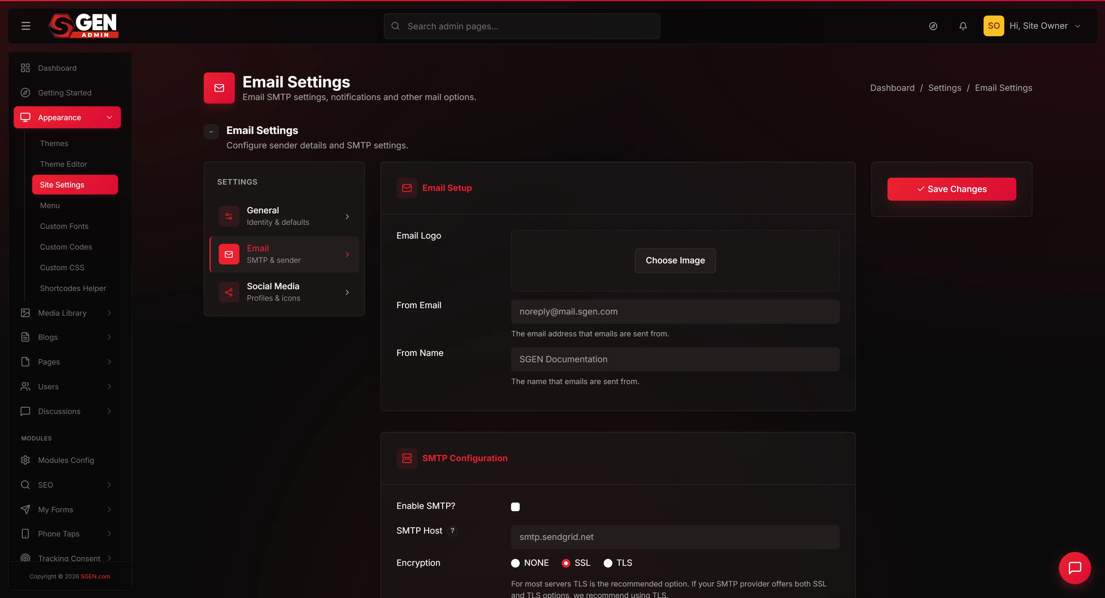 Settings -> Email page: From Name / From Email, Enable SMTP toggle, SMTP host/port/encryption/username/password fields, and the Send Test Email button.