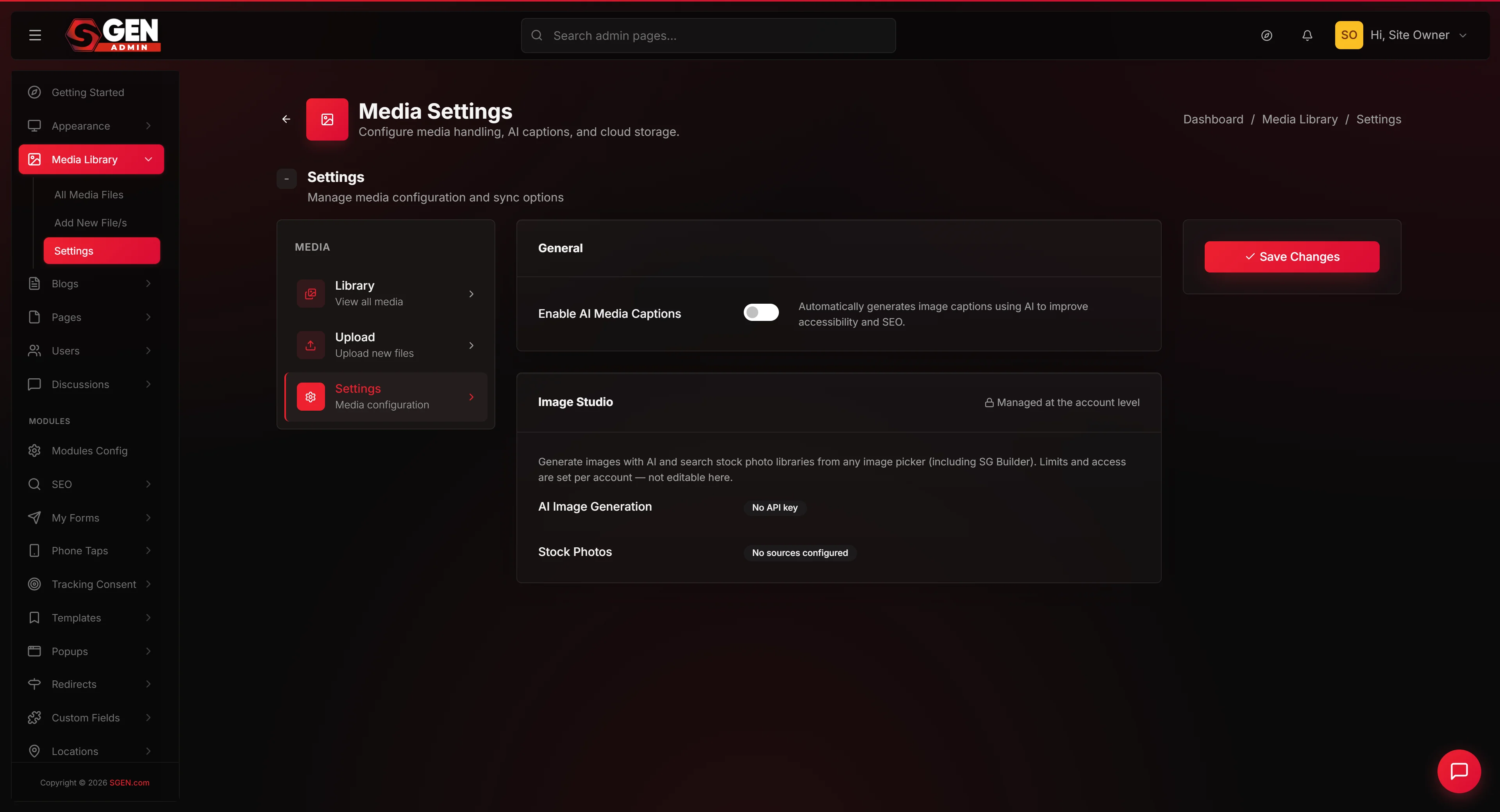 Media Settings page (Media Library > Settings tab) showing the General card 'Enable AI Media Captions' checkbox and the Media Storage card 'Serve Media From' selector