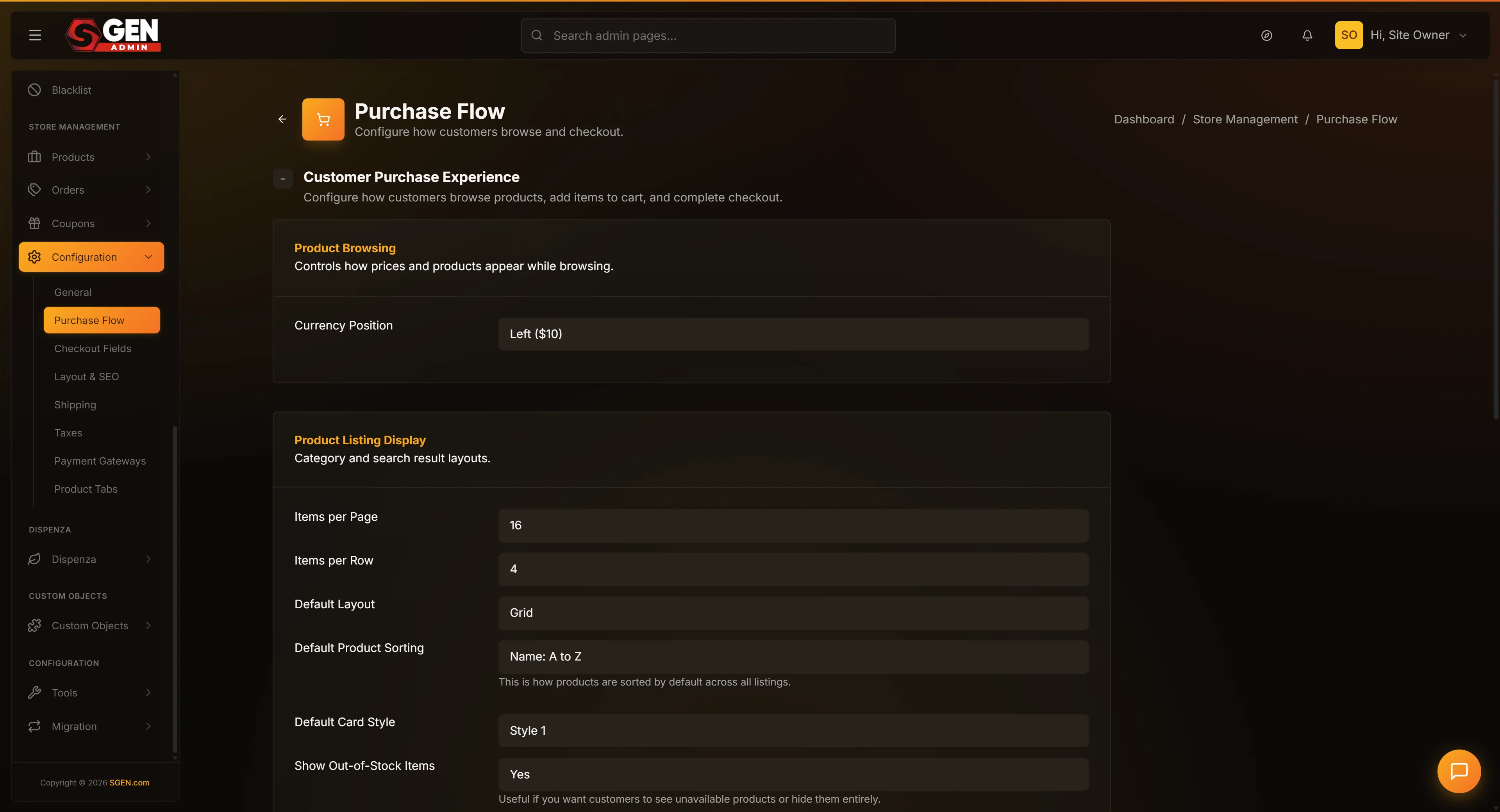 Store Configuration page, Purchase Flow tab — the five stacked panels (Product Browsing, Product Listing Display, Product Page, Cart Behavior, Checkout Behavior) with their dropdow