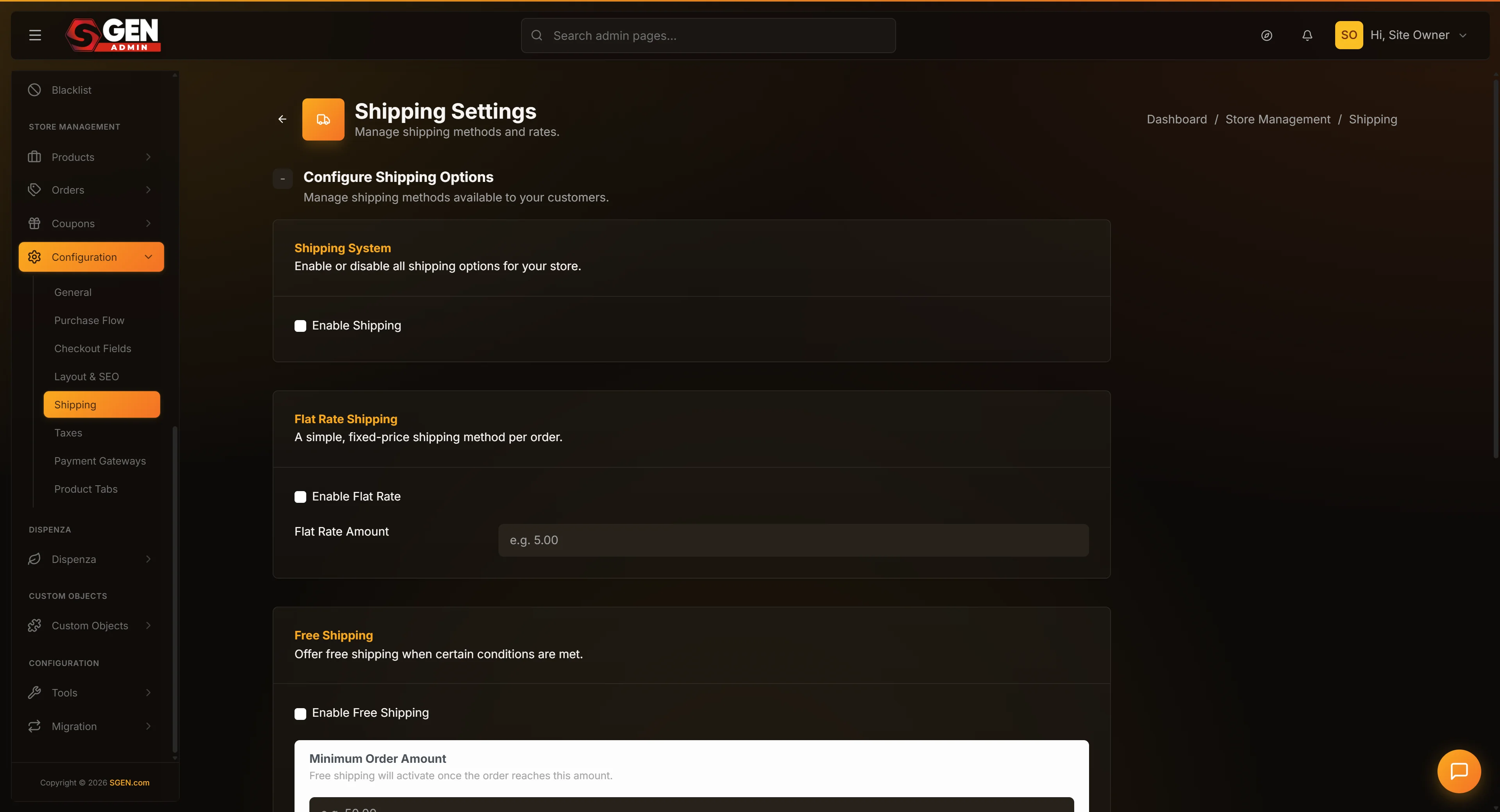 Store Configuration page, Shipping tab — the master Shipping System toggle plus the four method panels (Flat Rate, Free Shipping, Local Pickup, Weight-Based) with enable checkboxes