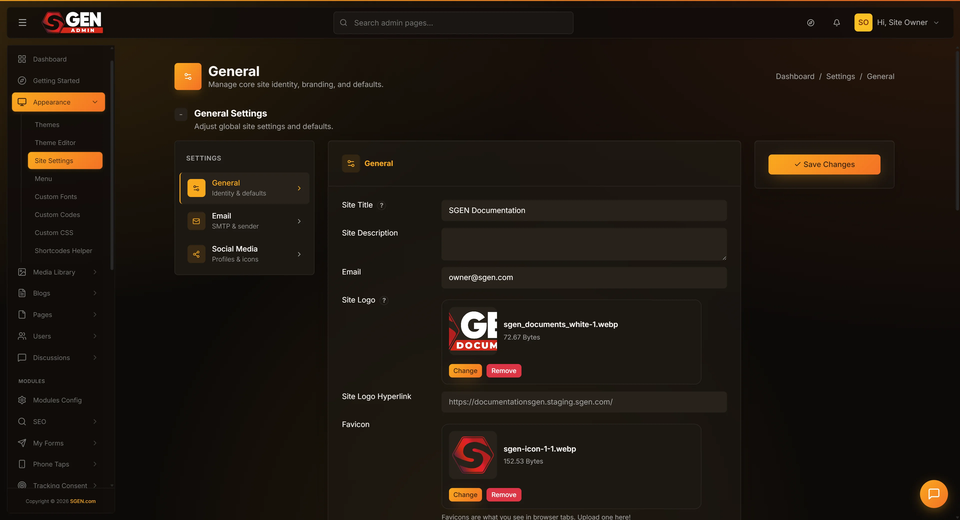 SGEN admin Settings -> General screen showing the Identity, Business Information, and Age Verification cards with the Save Changes button