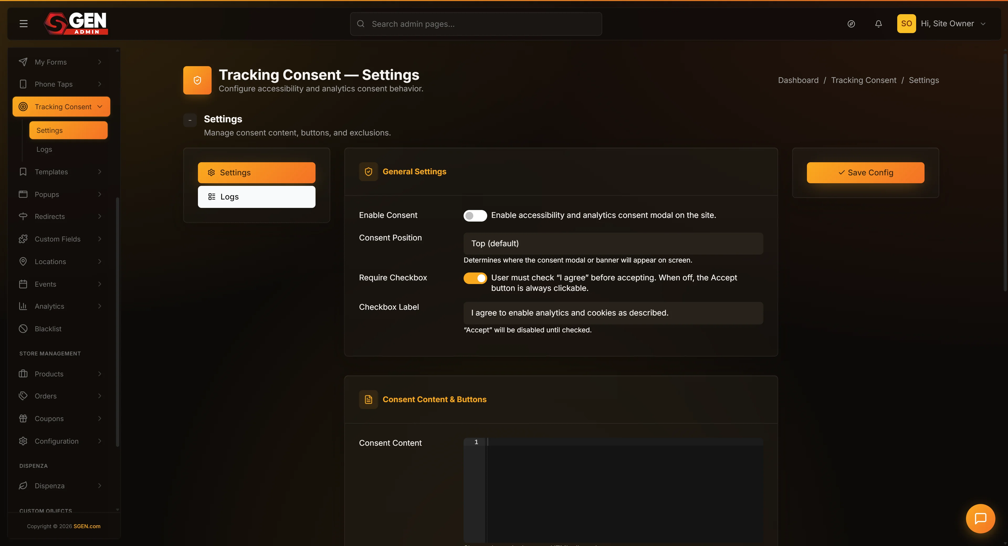 Admin > Integrations > Analytics panel: GA4 Measurement ID field, tag-scope selector, GTM/consent/event-mapping controls.