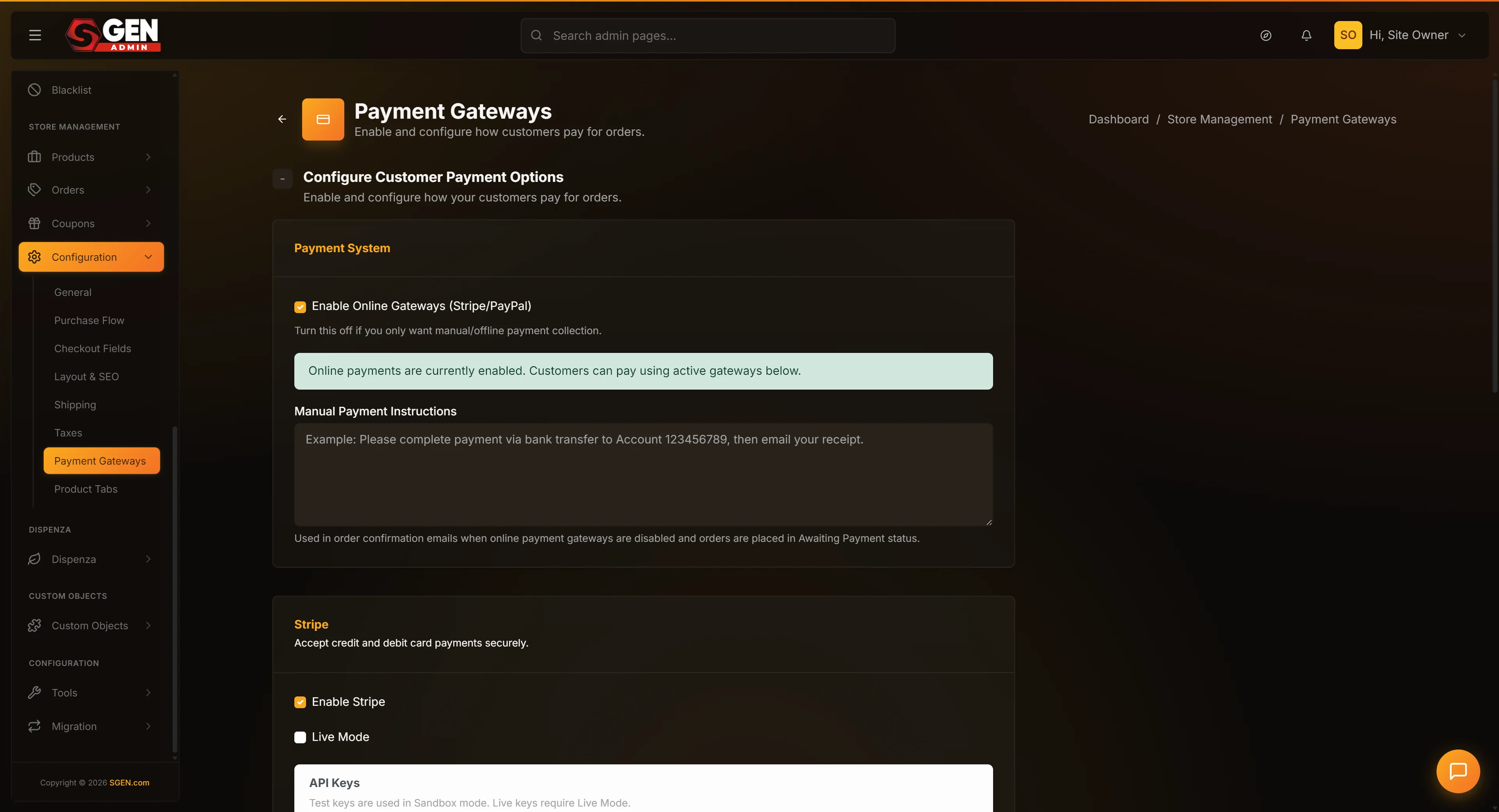 Store Configuration page, Payment Gateways tab — the Payment System master toggle plus the Stripe section (Enabled, Mode, test/live key fields, Webhook URL) and PayPal section (Ena
