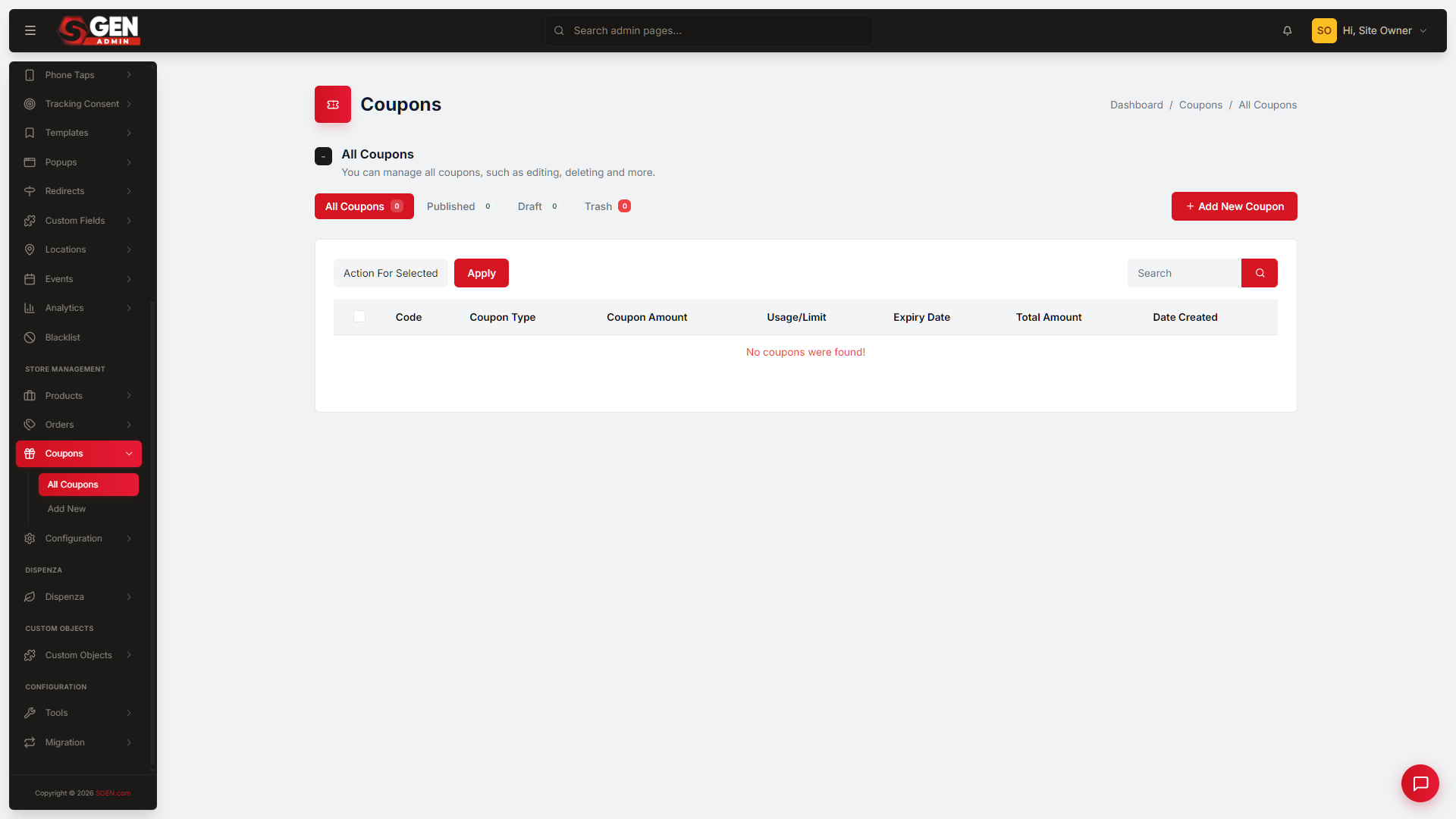 The Coupons list showing each coupon's code, type, scope, expiry, usage count, and status, with an Add New button above the table.