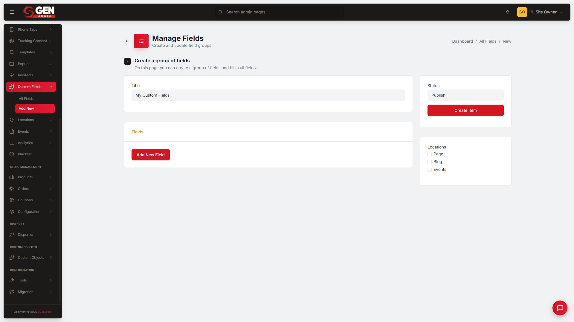 the New field-group editor, showing the Title field, an expanded field row with Label / Name / Type, and the Locations checkboxes below.