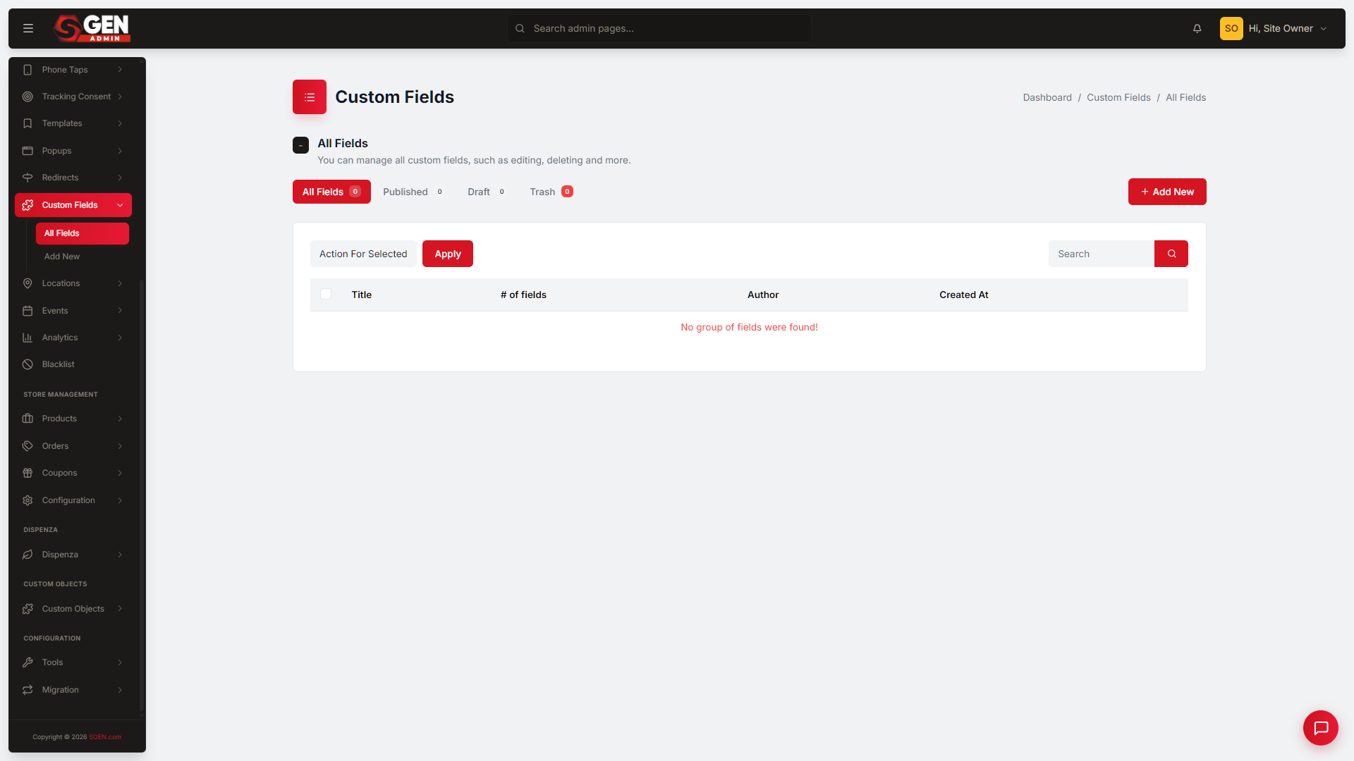 the Custom Fields list, showing several field groups with their attached locations and Published / Draft status.