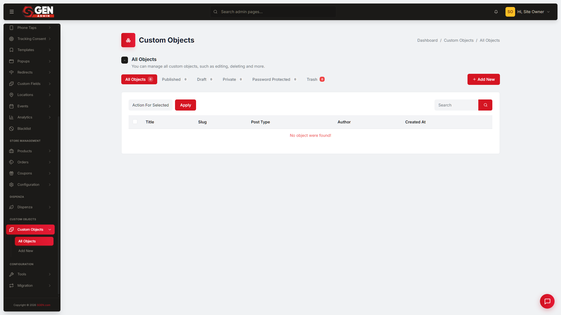 The Custom Objects list showing each defined type with its name, status, and per-row actions including Edit, View Pages, and Trash, with an Add New button above.