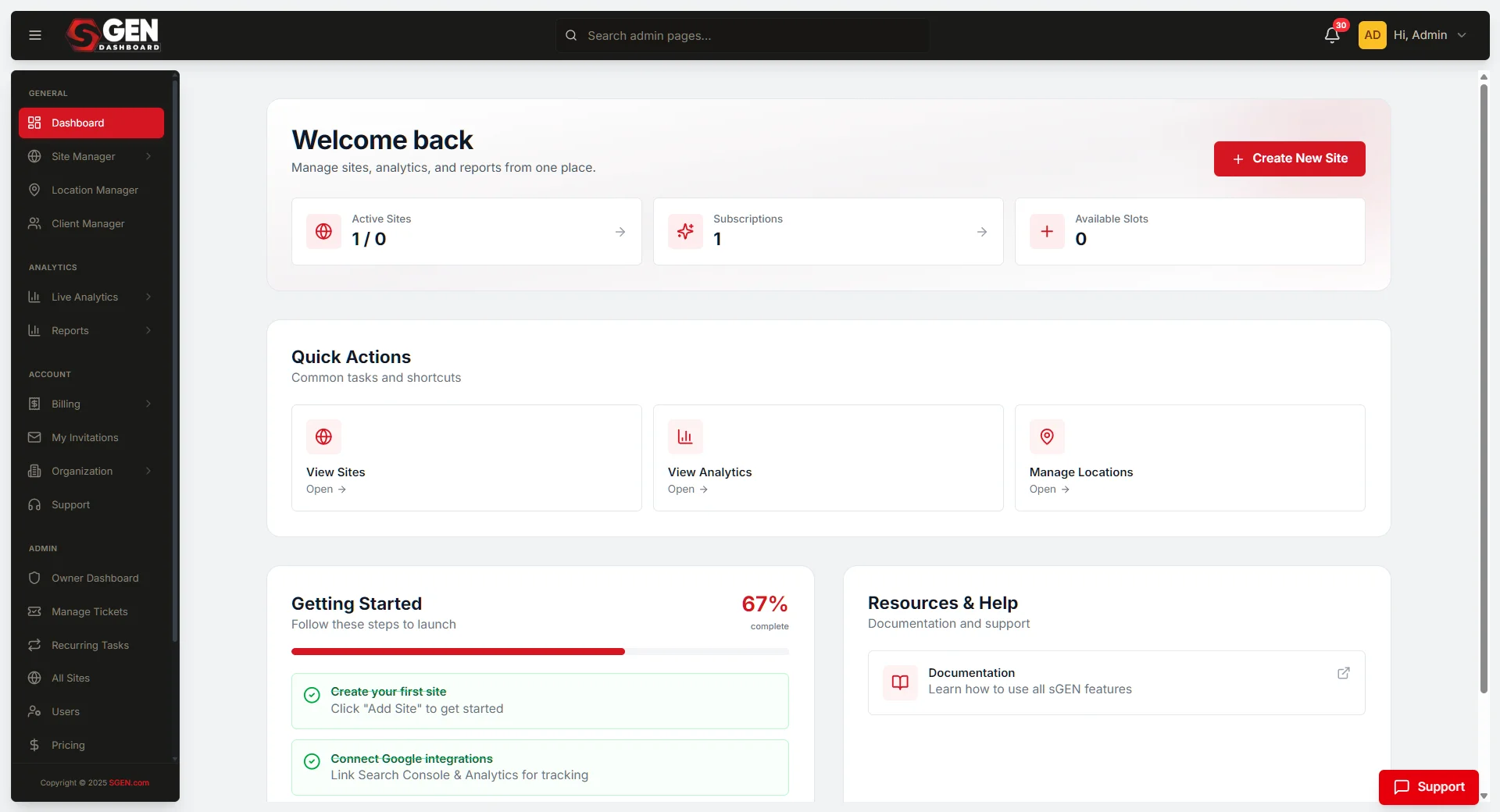 SGEN dashboard Site Manager panel with the grouped organization view showing multiple client folders